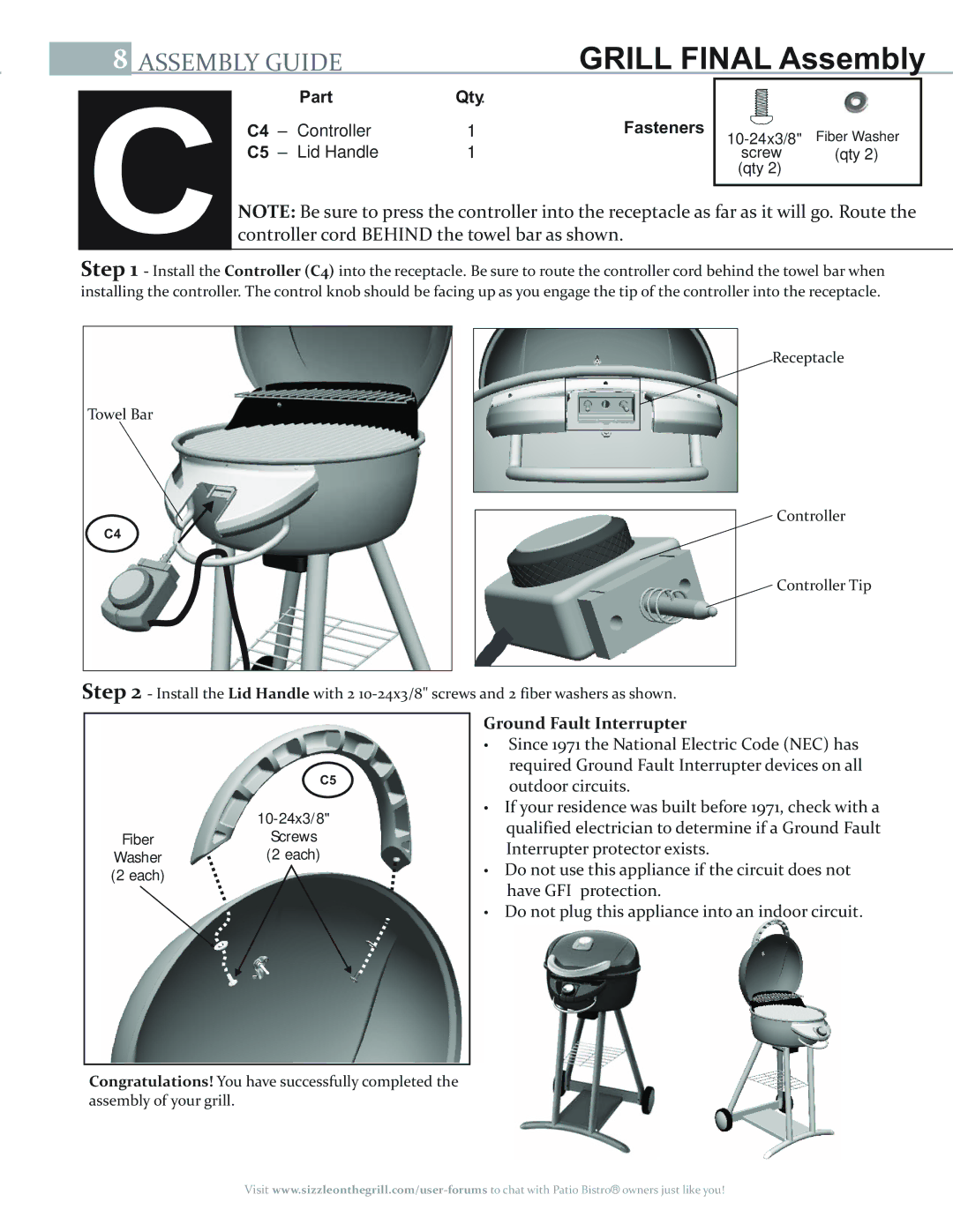 Char-Broil 08601559-16, 10601514-16, 10601578-16 manual Grill Final Assembly, Controller cord Behind the towel bar as shown 