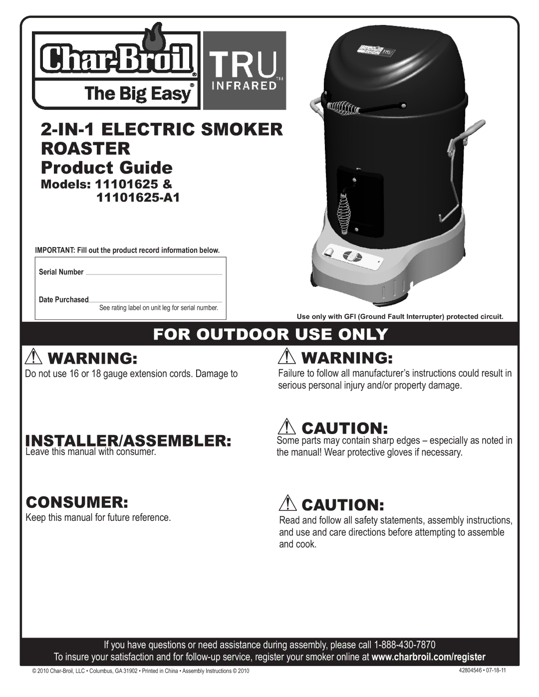 Char-Broil 11101625-A1 manual IN-1 Electric Smoker Roaster 