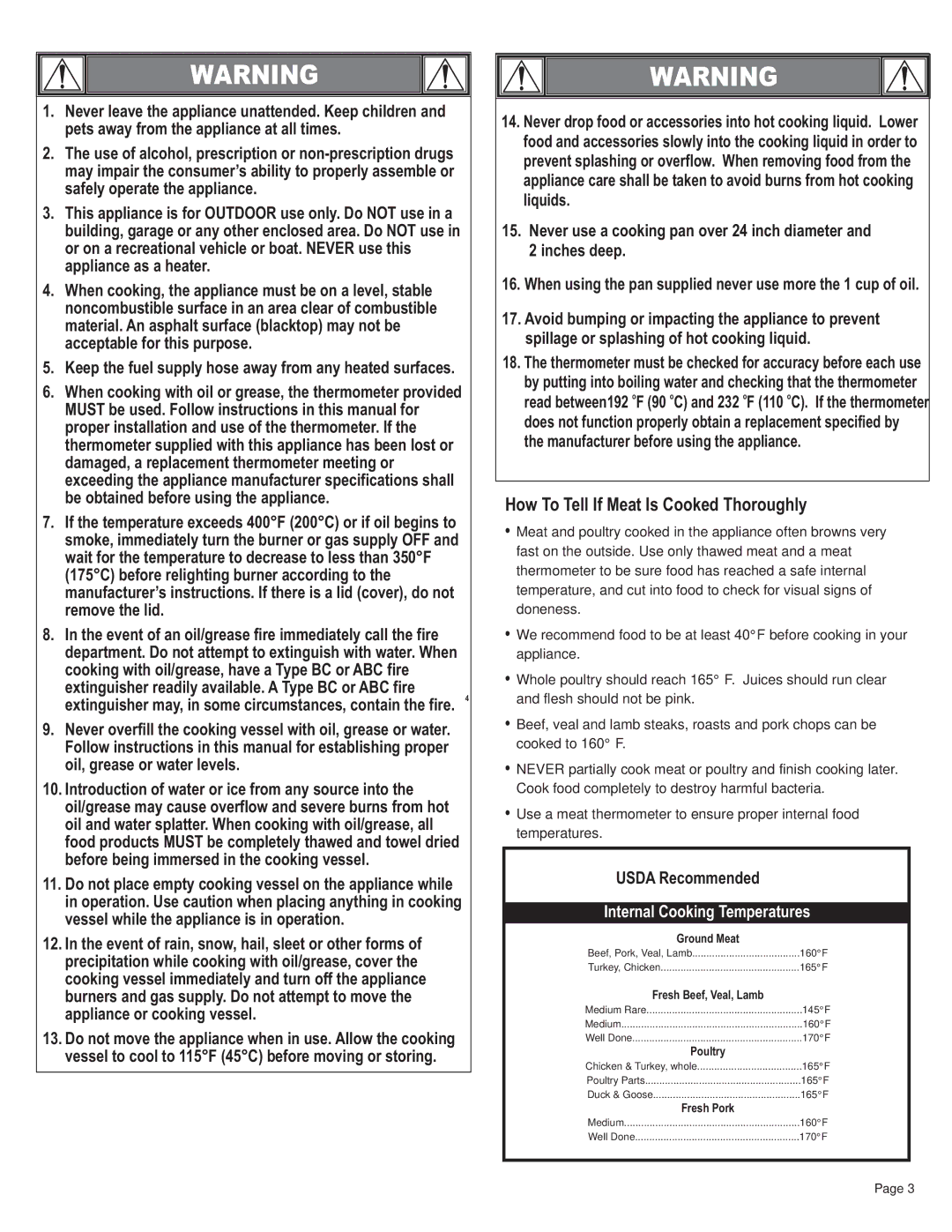 Char-Broil 11101706 manual How To Tell If Meat Is Cooked Thoroughly, Internal Cooking Temperatures 