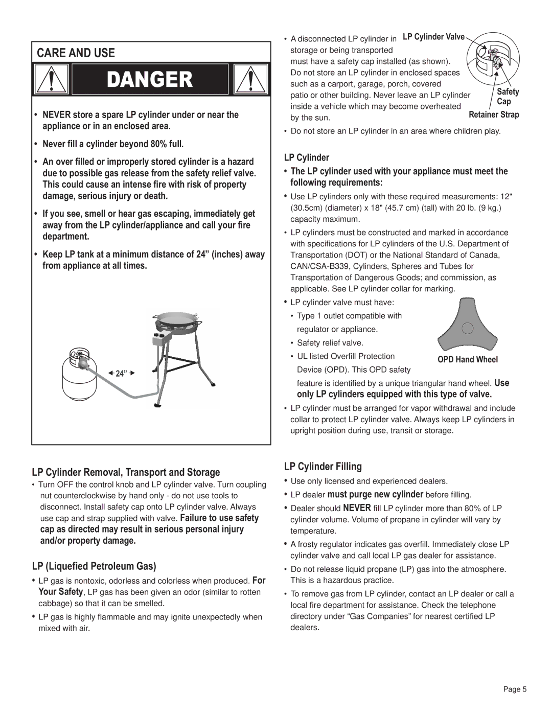 Char-Broil 11101706 manual LP Cylinder Removal, Transport and Storage, LP Liquefied Petroleum Gas, LP Cylinder Filling 