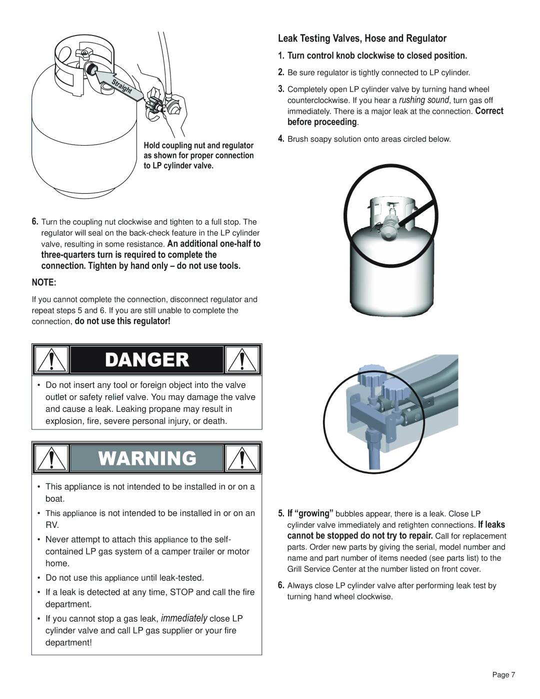 Char-Broil 11101706 manual Leak Testing Valves, Hose and Regulator, Turn control knob clockwise to closed position 