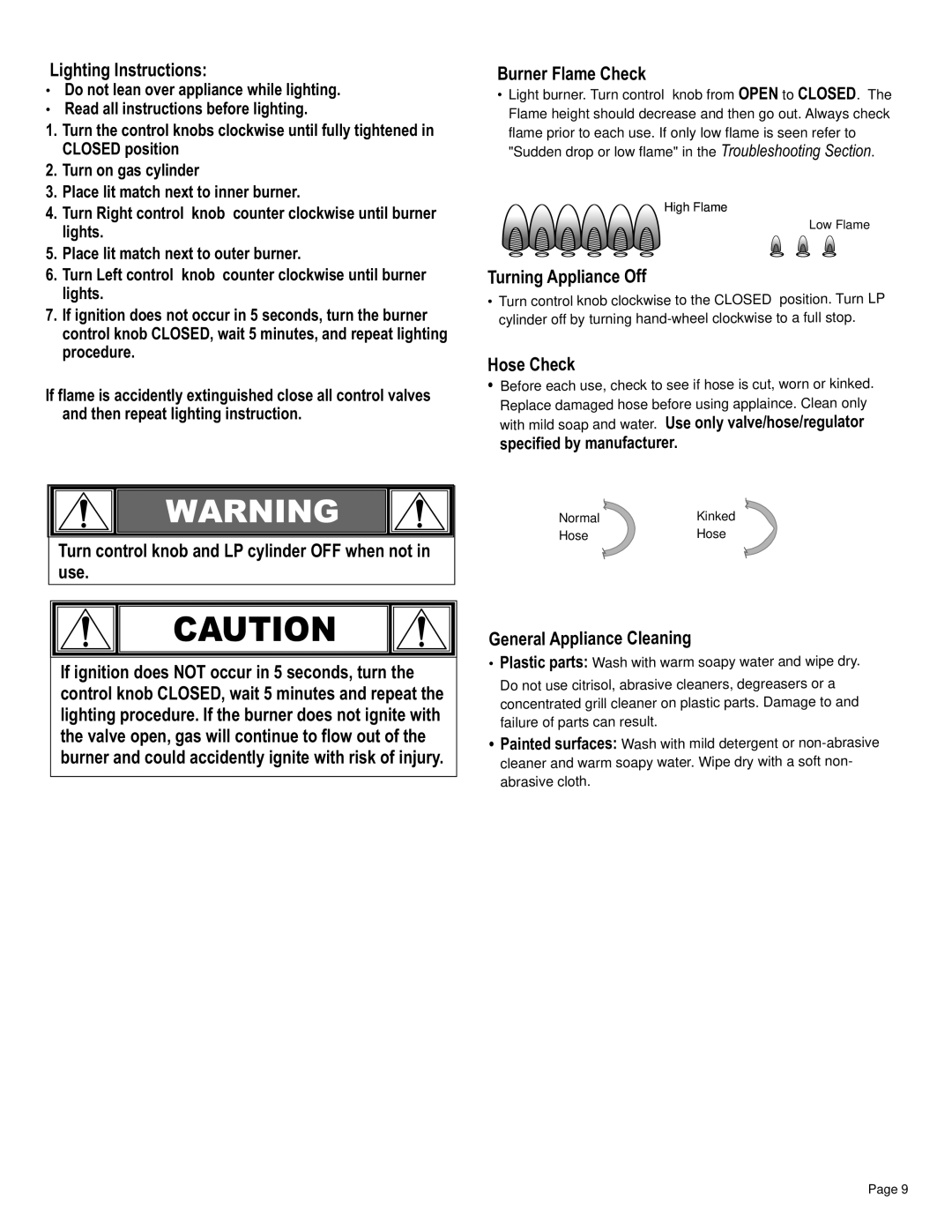 Char-Broil 11101706 manual Lighting Instructions, Burner Flame Check, Turning Appliance Off, Hose Check 