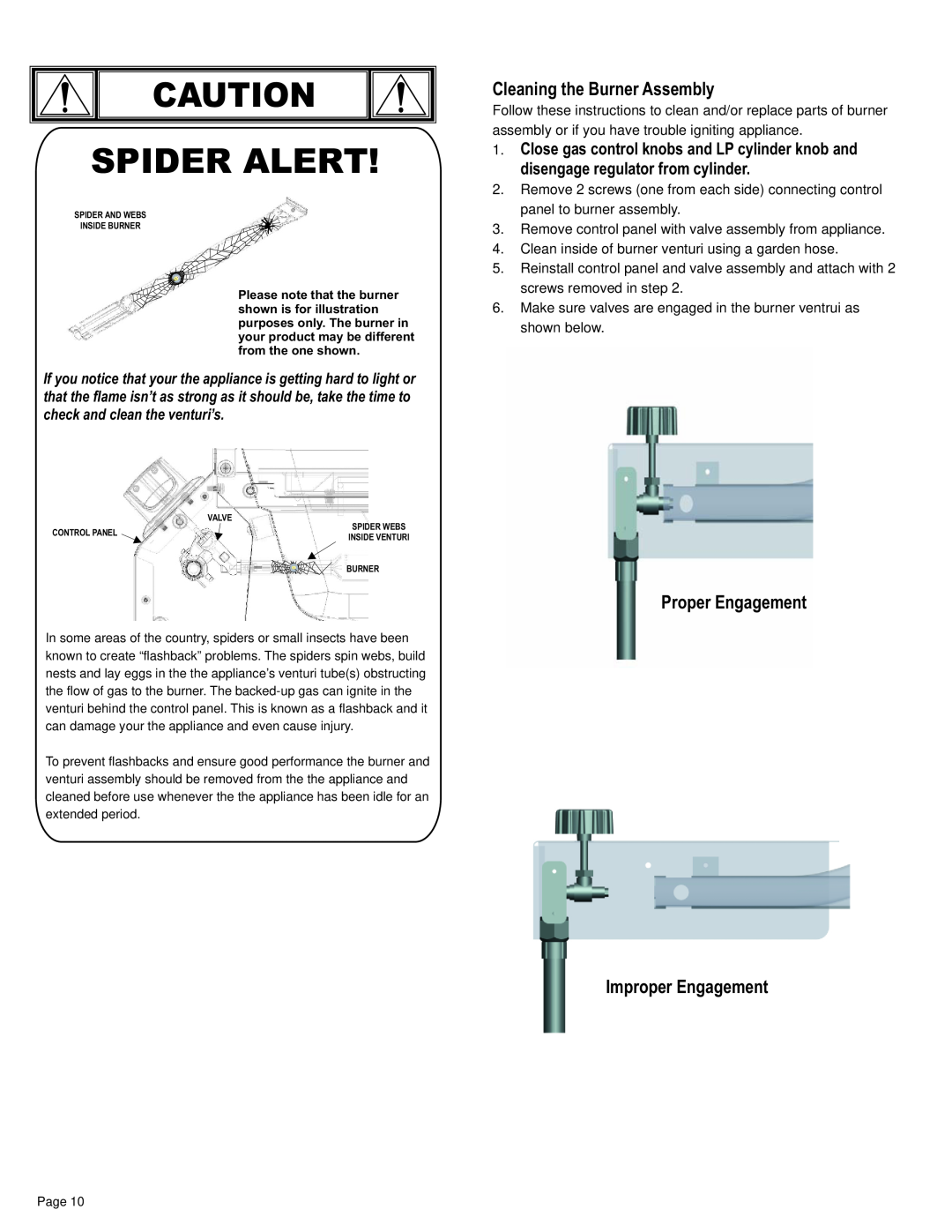 Char-Broil 11101706 manual Cleaning the Burner Assembly, Proper Engagement, Improper Engagement, Spider Alert 