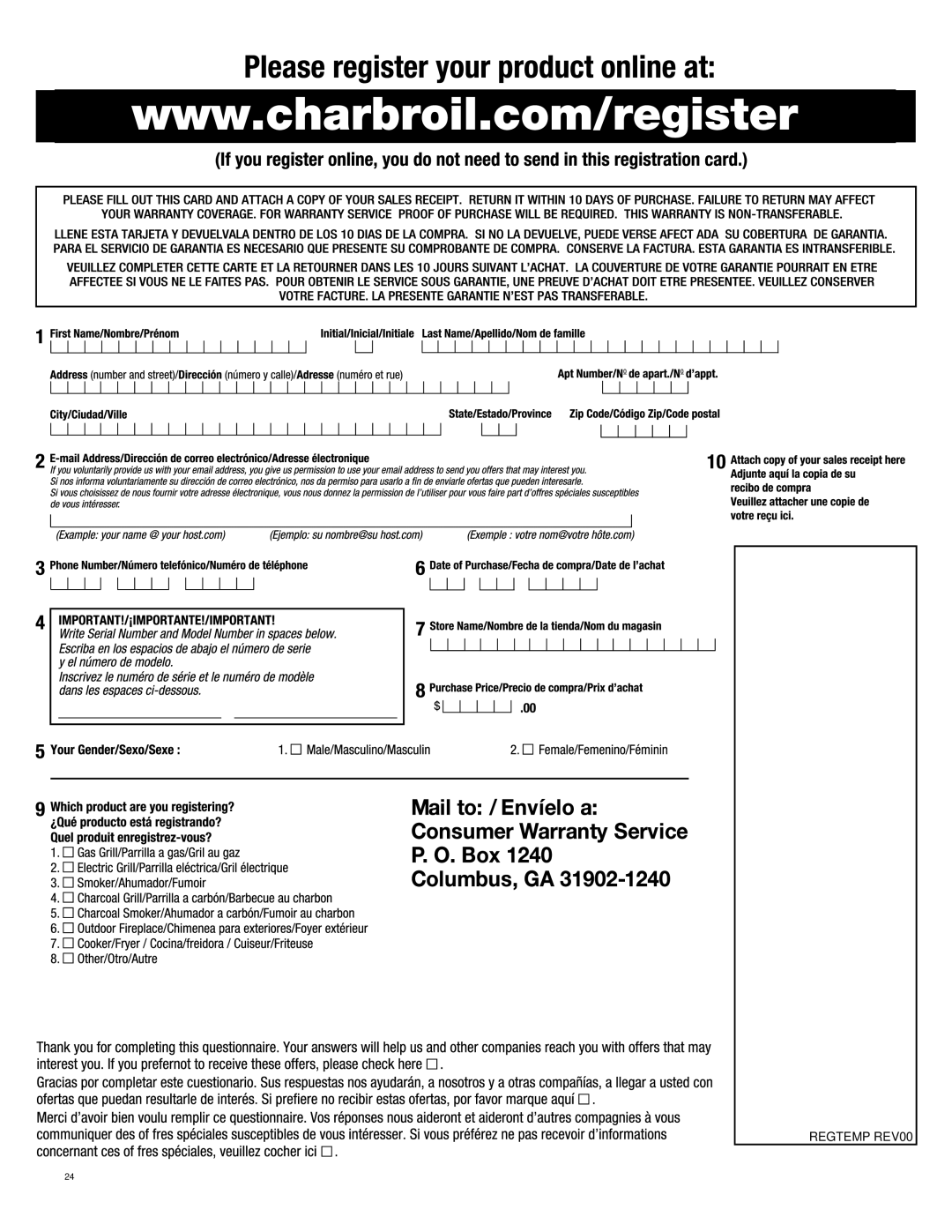 Char-Broil 11201566 manual Regtemp REV00 