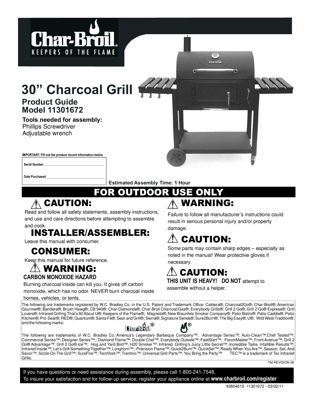 Char-Broil 11301672 manual Tools needed for assembly, This Unit is HEAVY! do not attempt to 