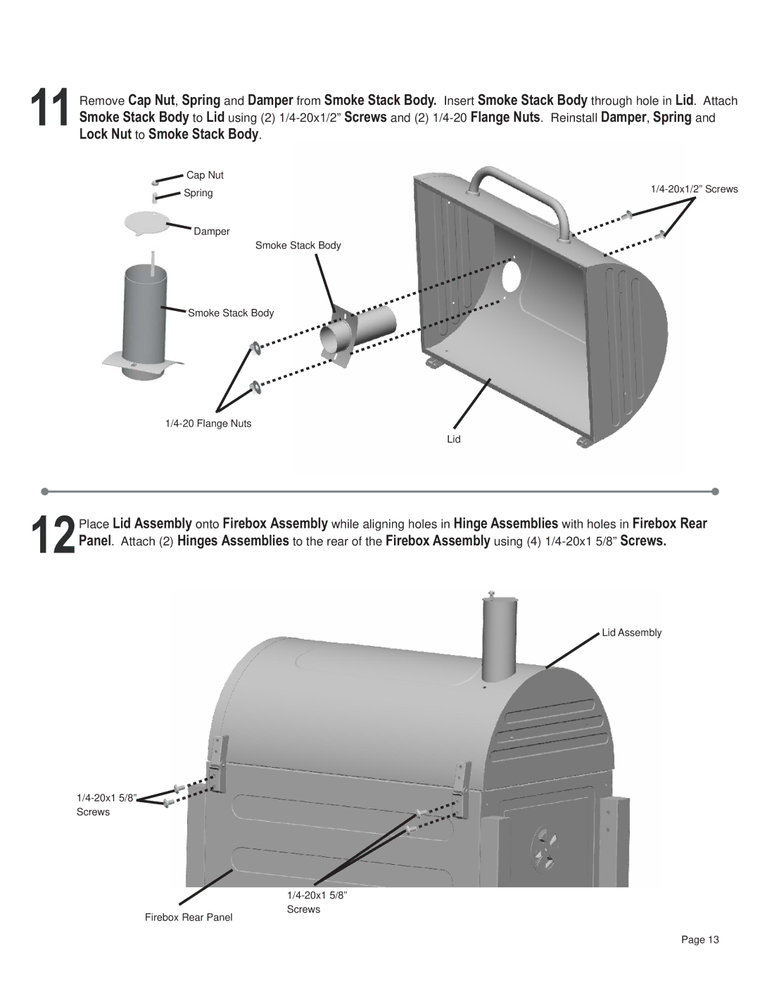 Char-Broil 11301672 manual Lid Assembly 20x1 5/8 Screws Firebox Rear Panel 