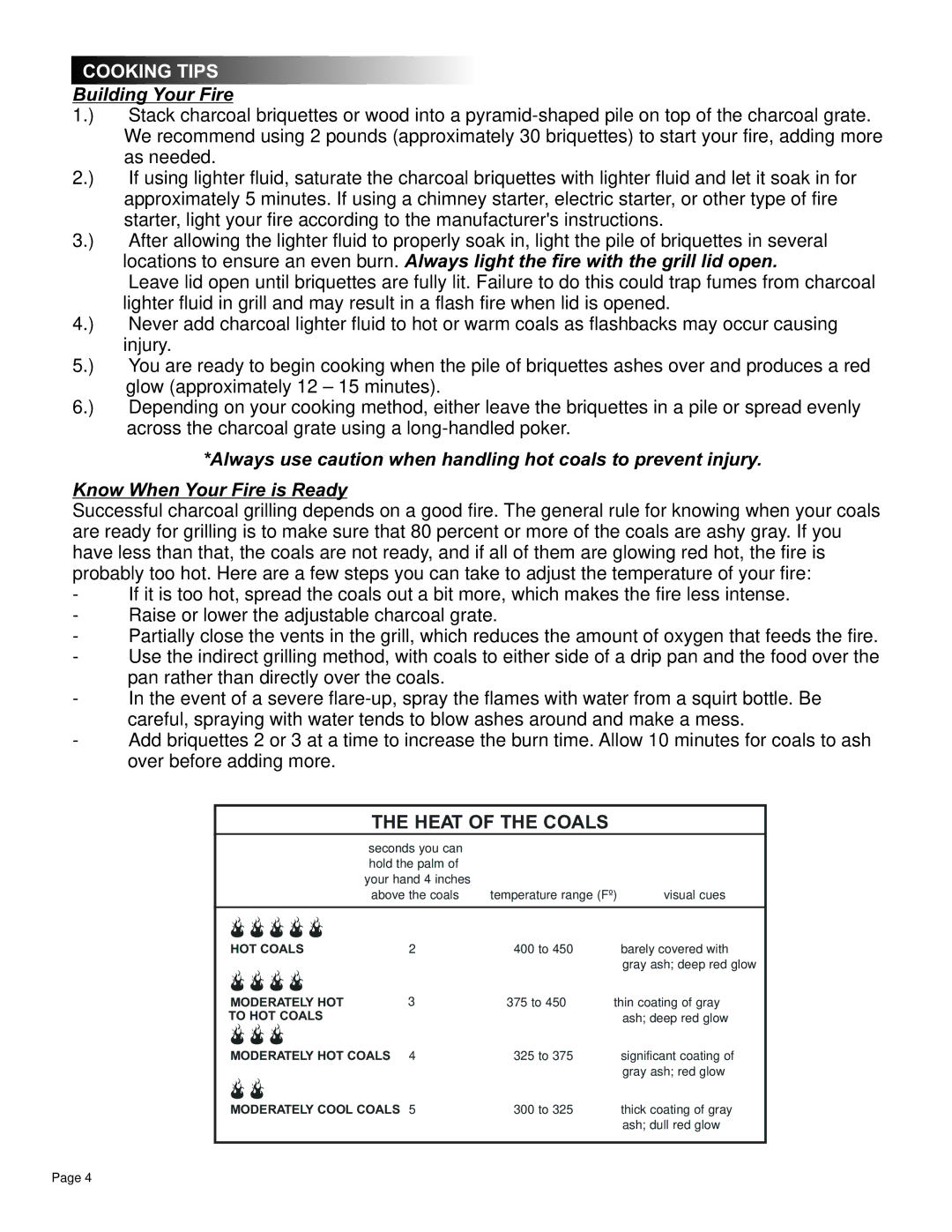 Char-Broil 11301672 manual Cooking Tips, Building Your Fire 