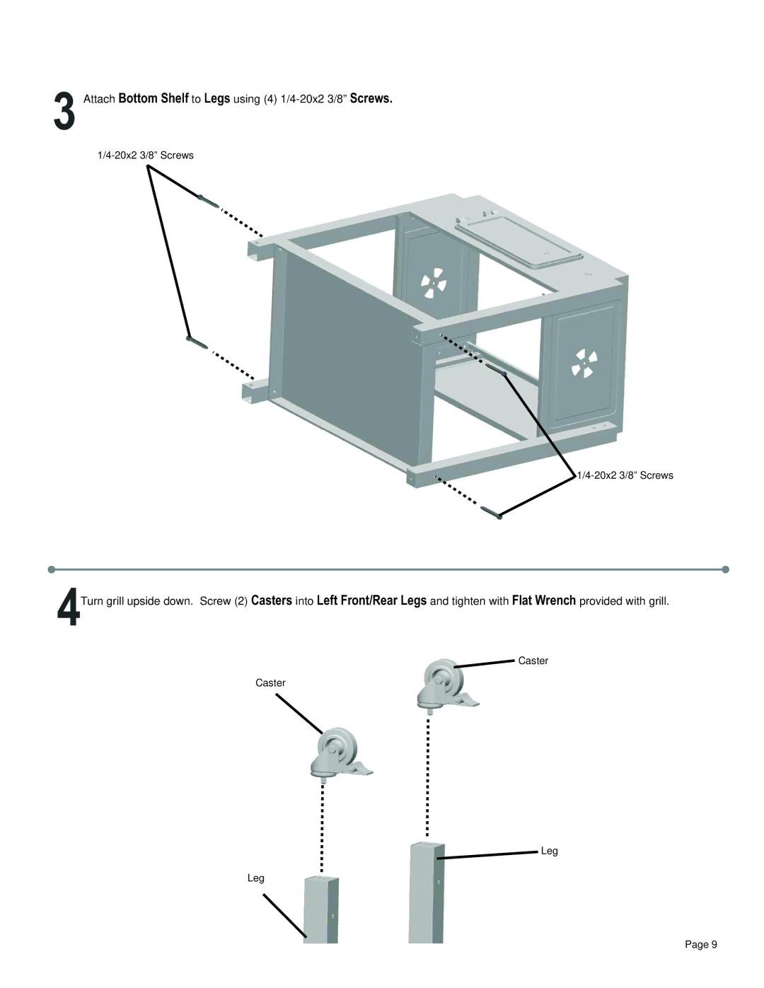 Char-Broil 11301672 manual Attach Bottom Shelf to Legs using 4 1/4-20x2 3/8 Screws 