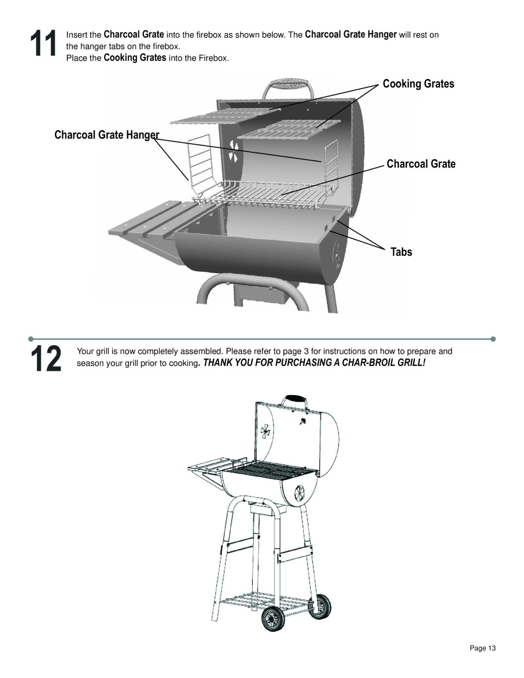 Char-Broil 11301678 manual Cooking Grates Charcoal Grate Hanger Tabs 