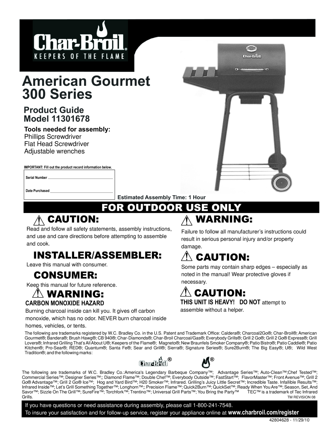 Char-Broil 11301678 manual Tools needed for assembly, Carbon Monoxide Hazard, THIS UNIT IS HEAVY! DO NOT attempt to 