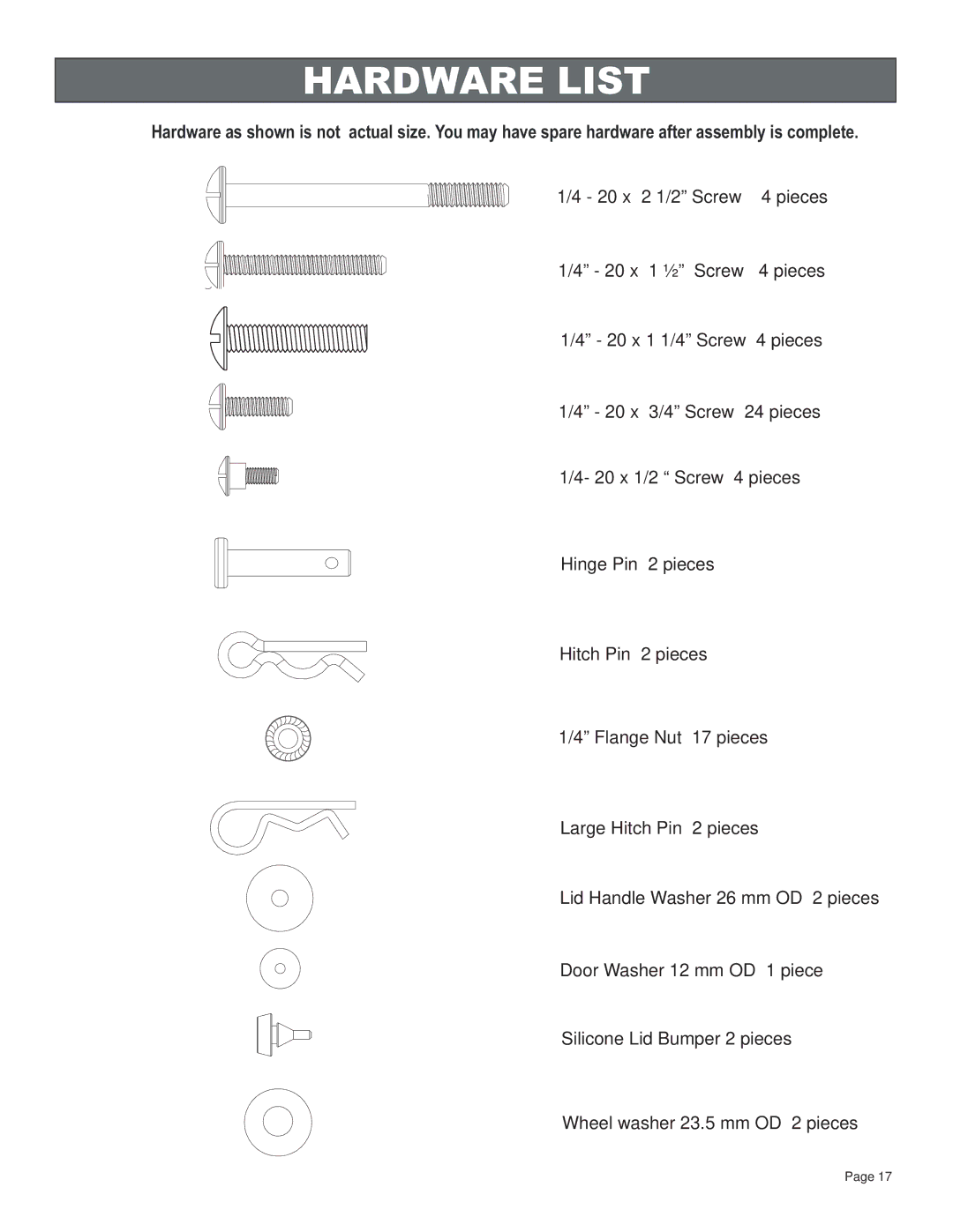 Char-Broil 11301696 manual Hardware List 