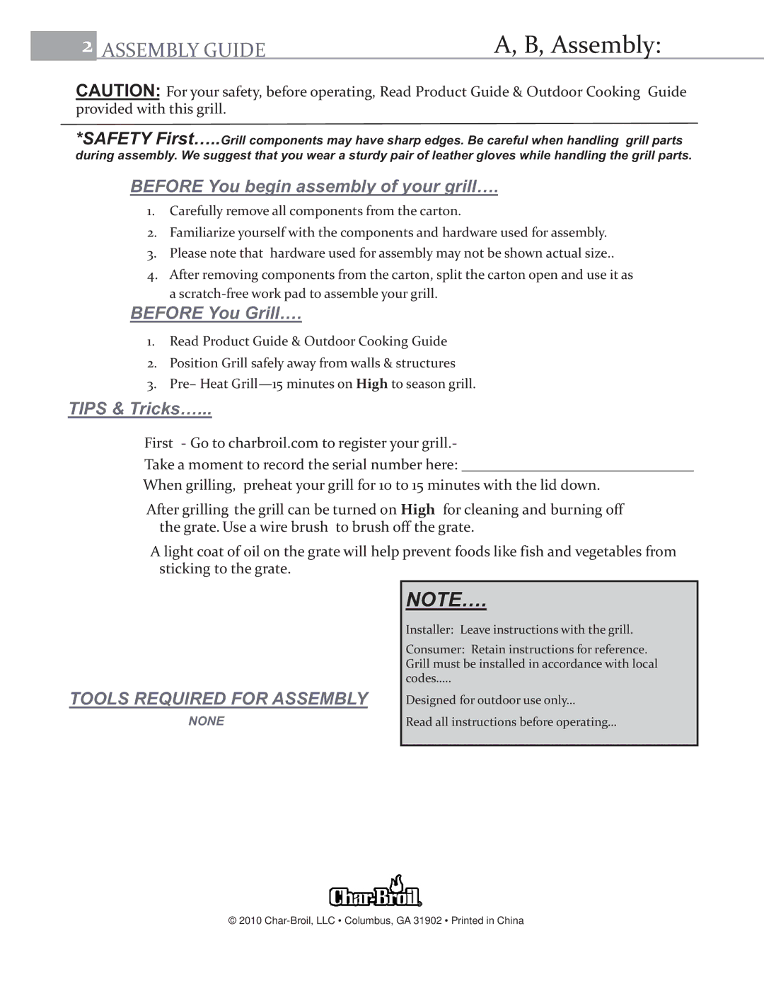 Char-Broil 11401587 manual Assembly 