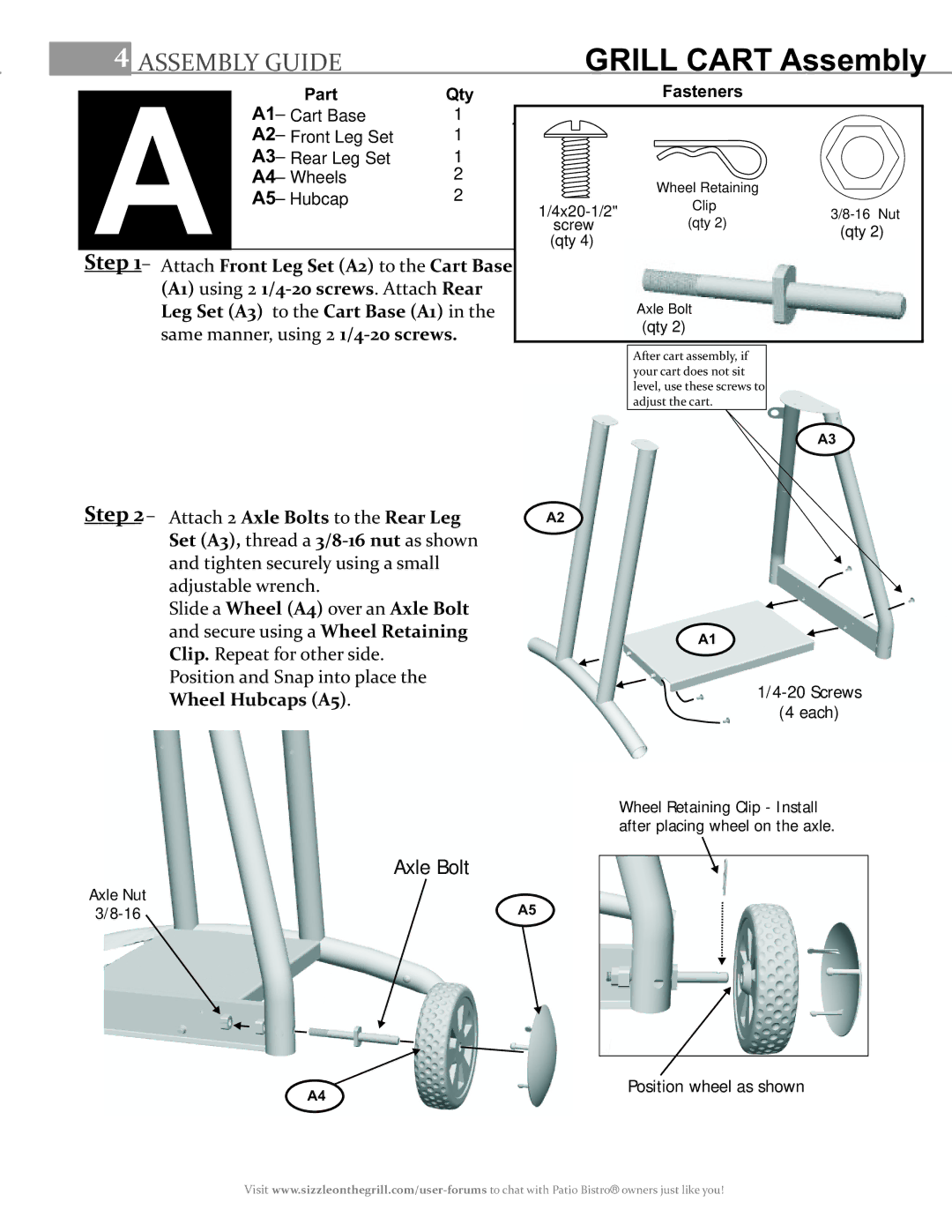 Char-Broil 11601688, 11601514-C1, 11601695-A1 manual Grill Cart Assembly, Position and Snap into place, Part Qty, Fasteners 