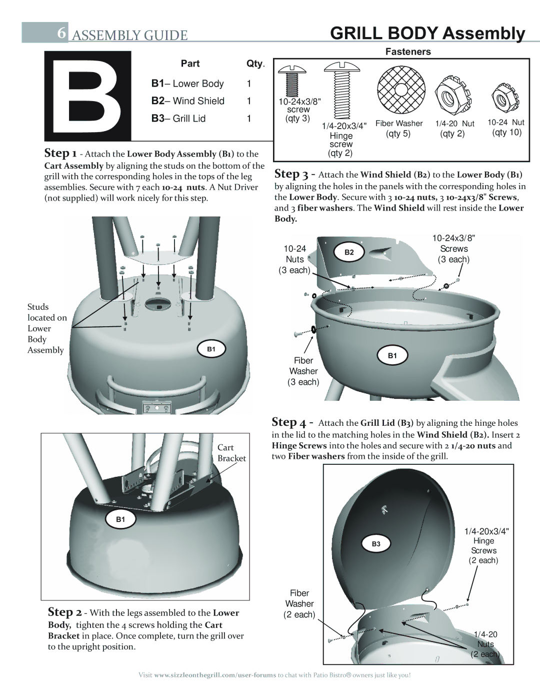 Char-Broil 11601514-C1, 11601688, 11601695-A1 manual Grill Body Assembly, B1- Lower Body B2- Wind Shield B3- Grill Lid 