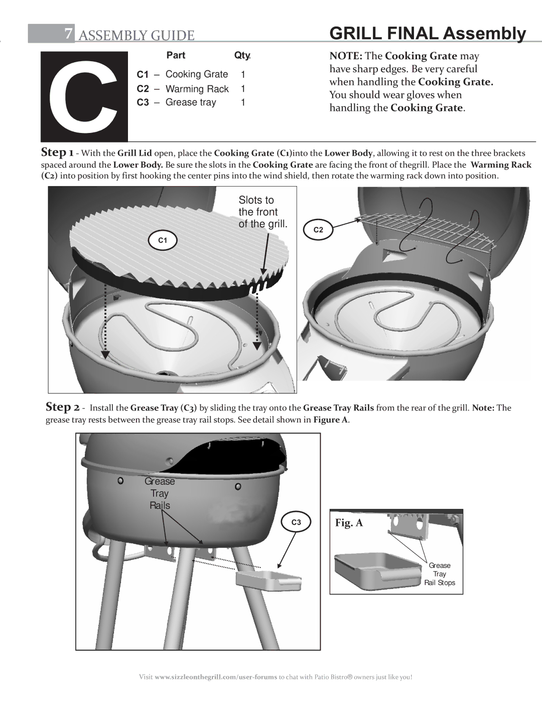 Char-Broil 11601688, 11601514-C1 Grill Final Assembly, Have sharp edges. Be very careful, When handling the Cooking Grate 