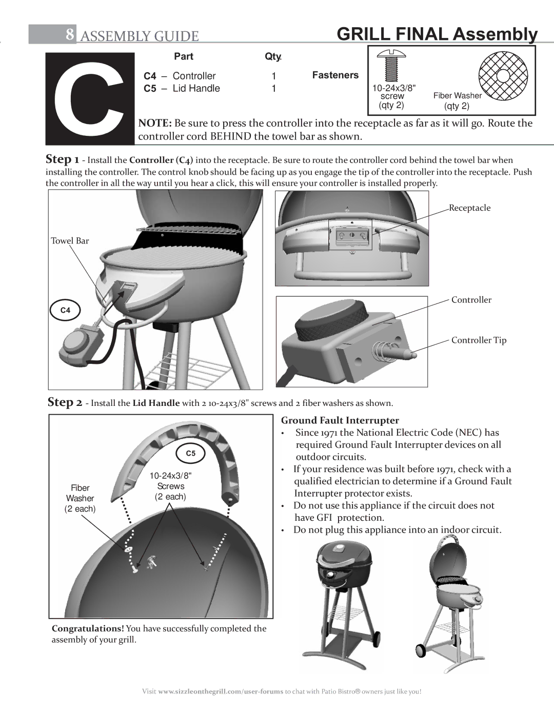 Char-Broil 11601695-A1, 11601514-C1, 11601688 manual Grill Final Assembly, Controller cord Behind the towel bar as shown 