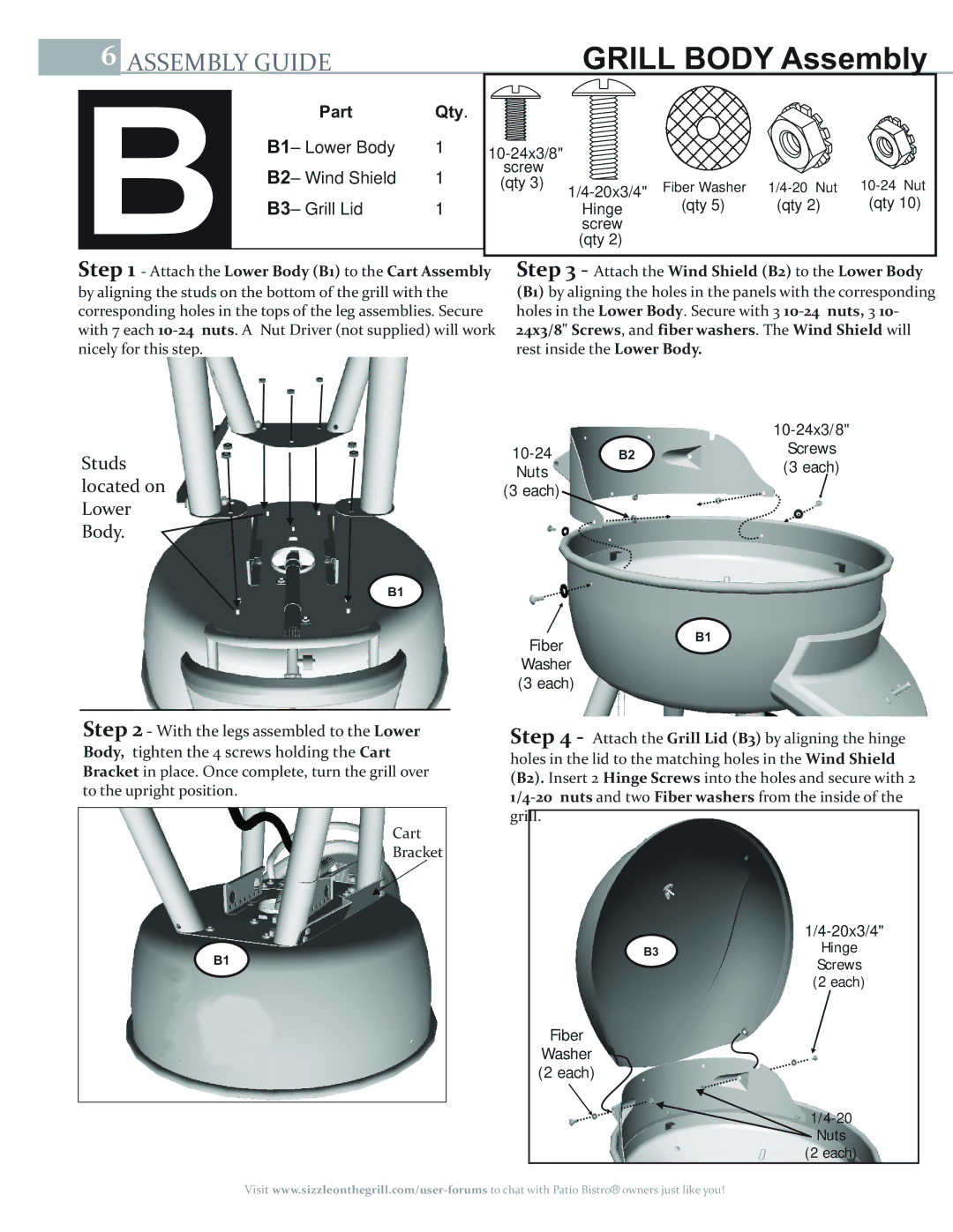 Char-Broil 11601558-A1, 11601579 manual Grill Body Assembly, Studs, Located on, Lower Body 