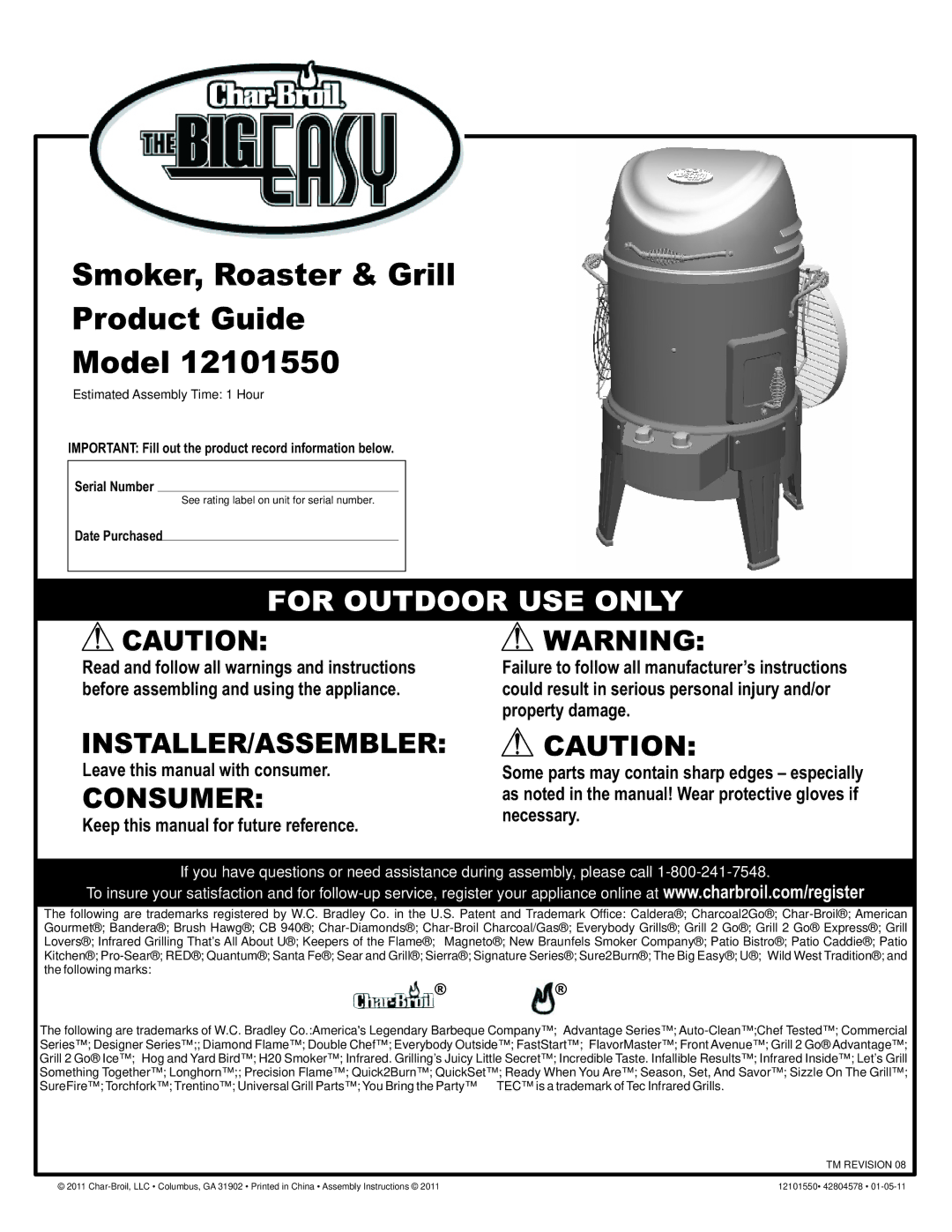 Char-Broil 12101550 manual Smoker, Roaster & Grill Product Guide Model, Leave this manual with consumer 