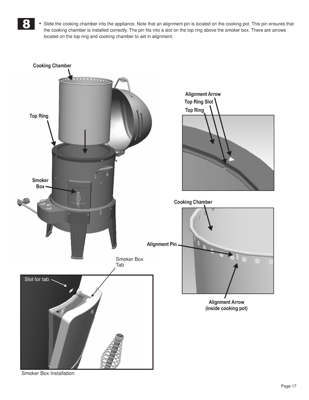 Char-Broil 12101550 manual Alignment Arrow Inside cooking pot 