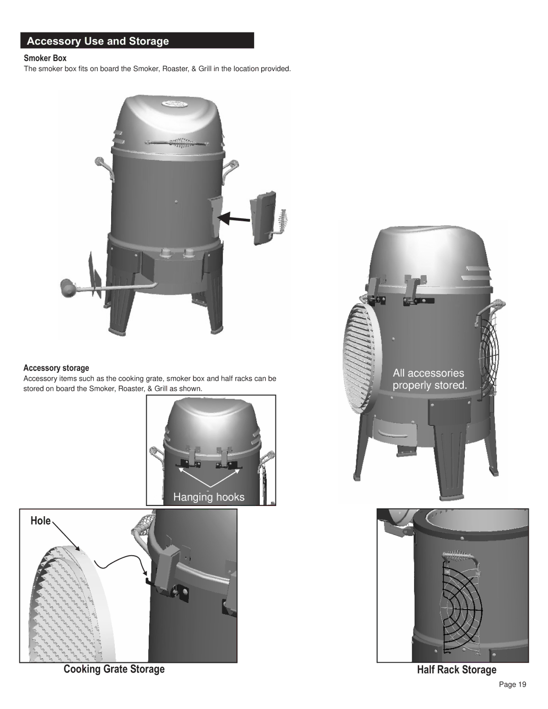 Char-Broil 12101550 manual Hole Cooking Grate Storage 