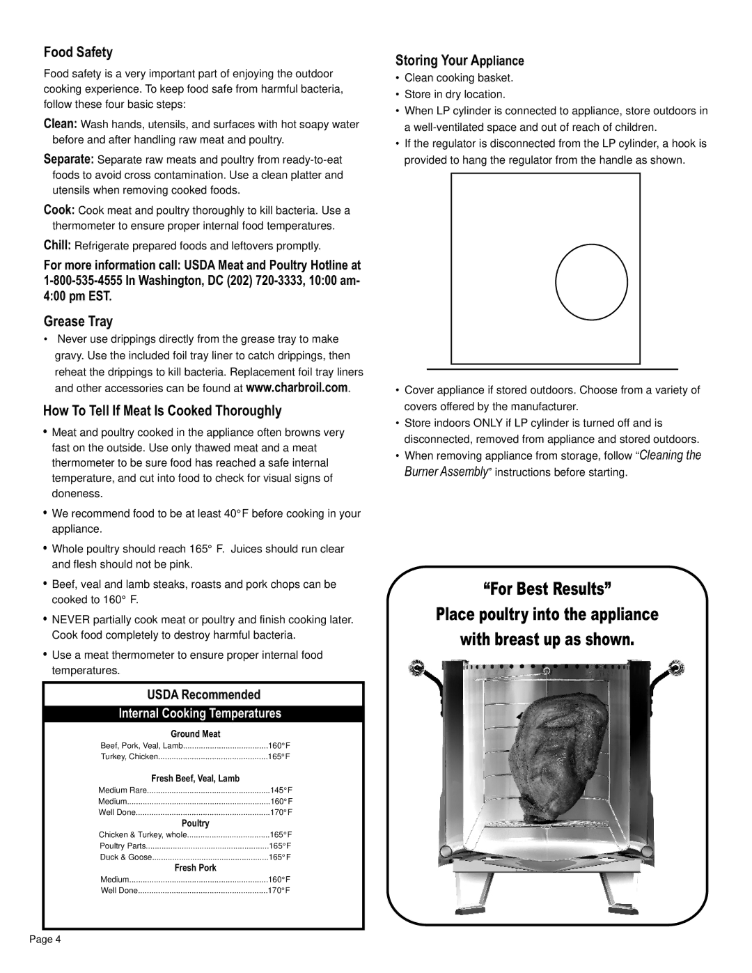 Char-Broil 12101550 manual Food Safety, Grease Tray How To Tell If Meat Is Cooked Thoroughly, Storing Your Appliance 