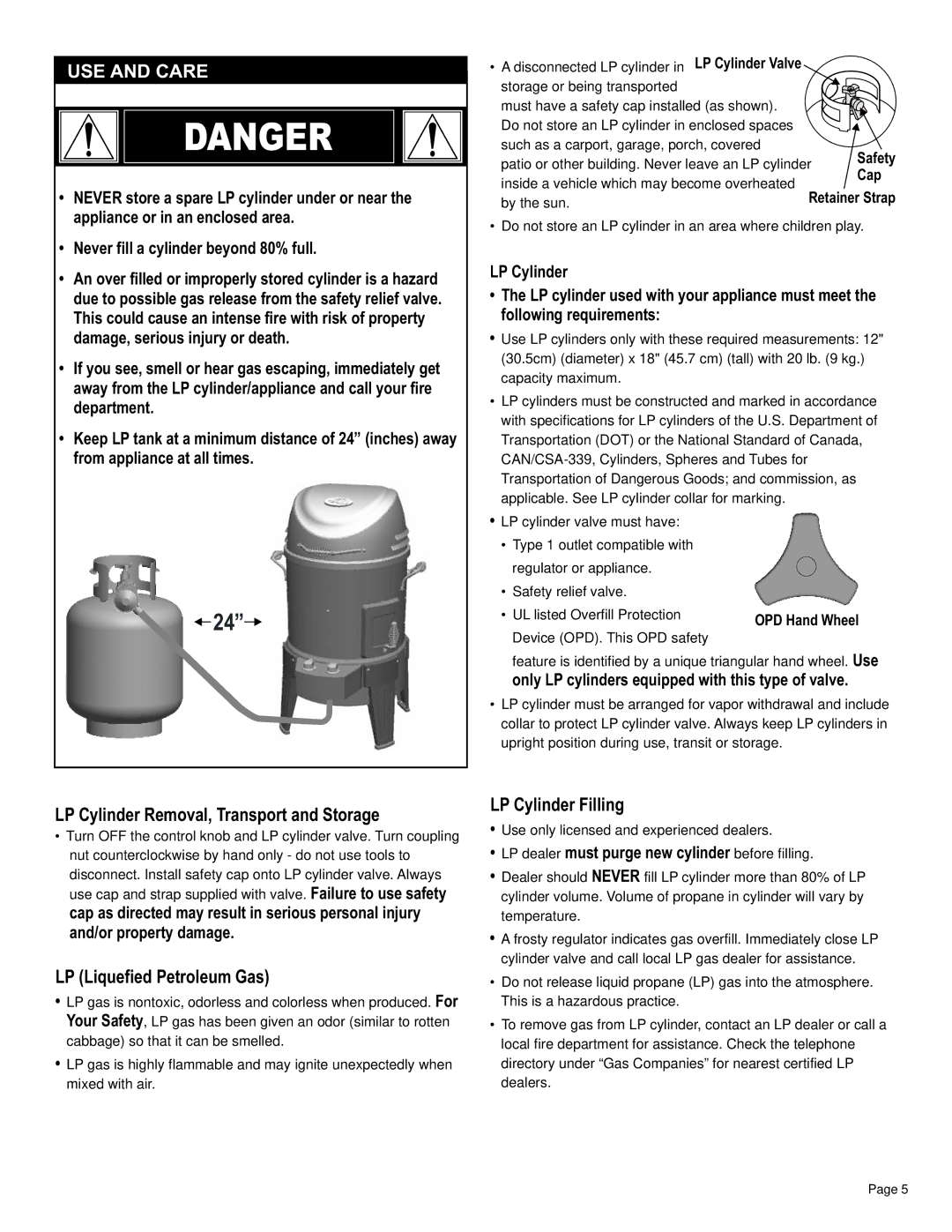 Char-Broil 12101550 manual USE and Care, LP Cylinder Removal, Transport and Storage, LP Liquefied Petroleum Gas 