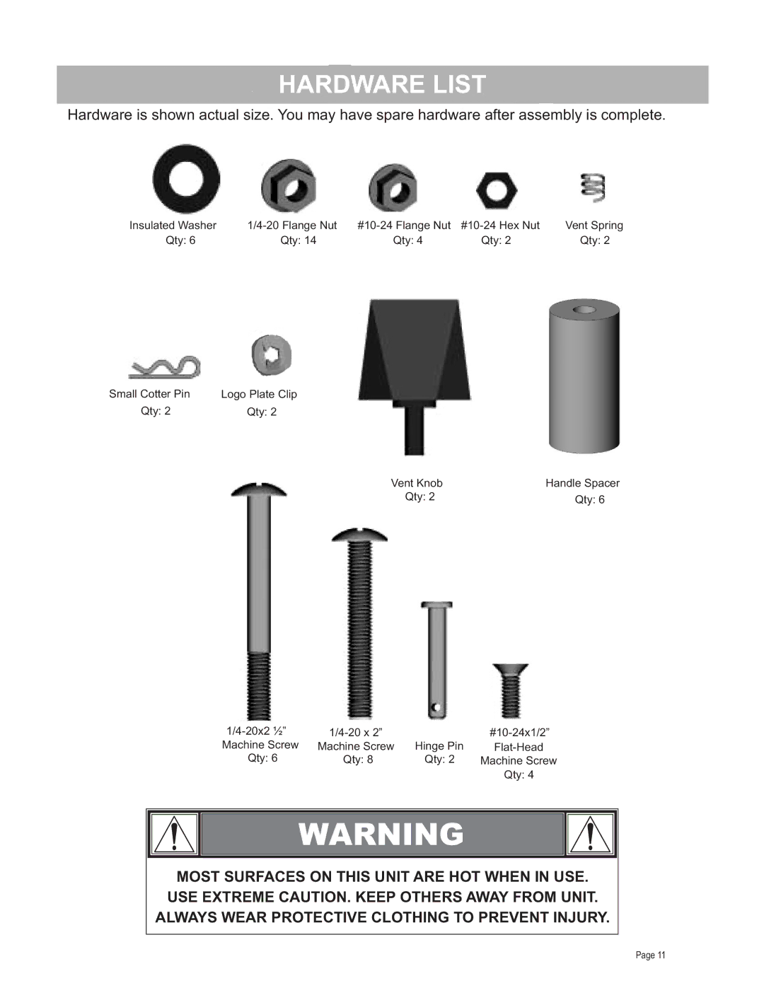 Char-Broil 12301388 manual Hardware List 