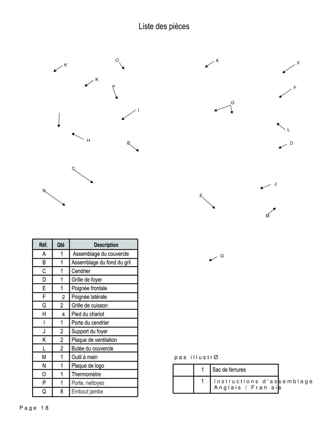 Char-Broil 12301388 manual Liste des pièces 