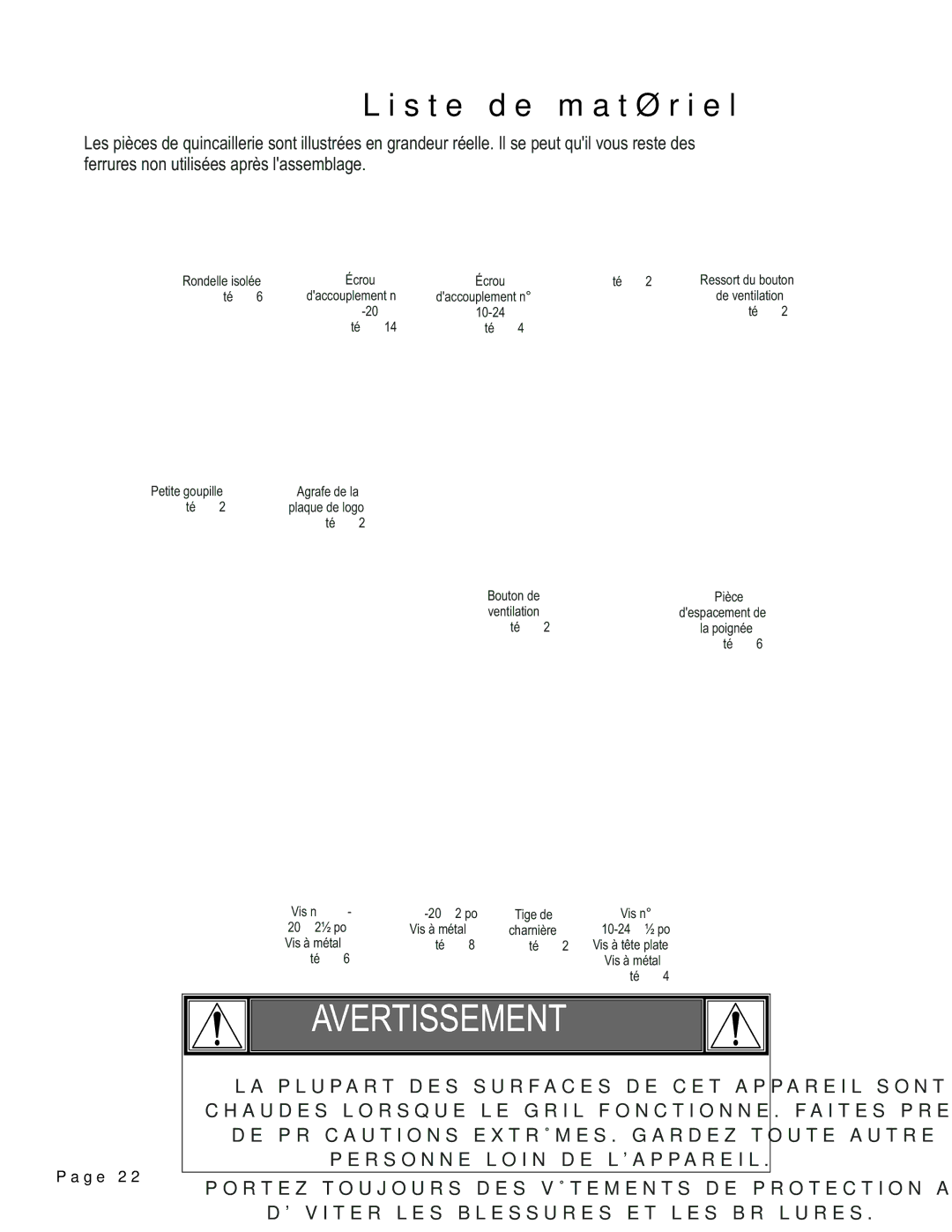 Char-Broil 12301388 manual Avertissement 