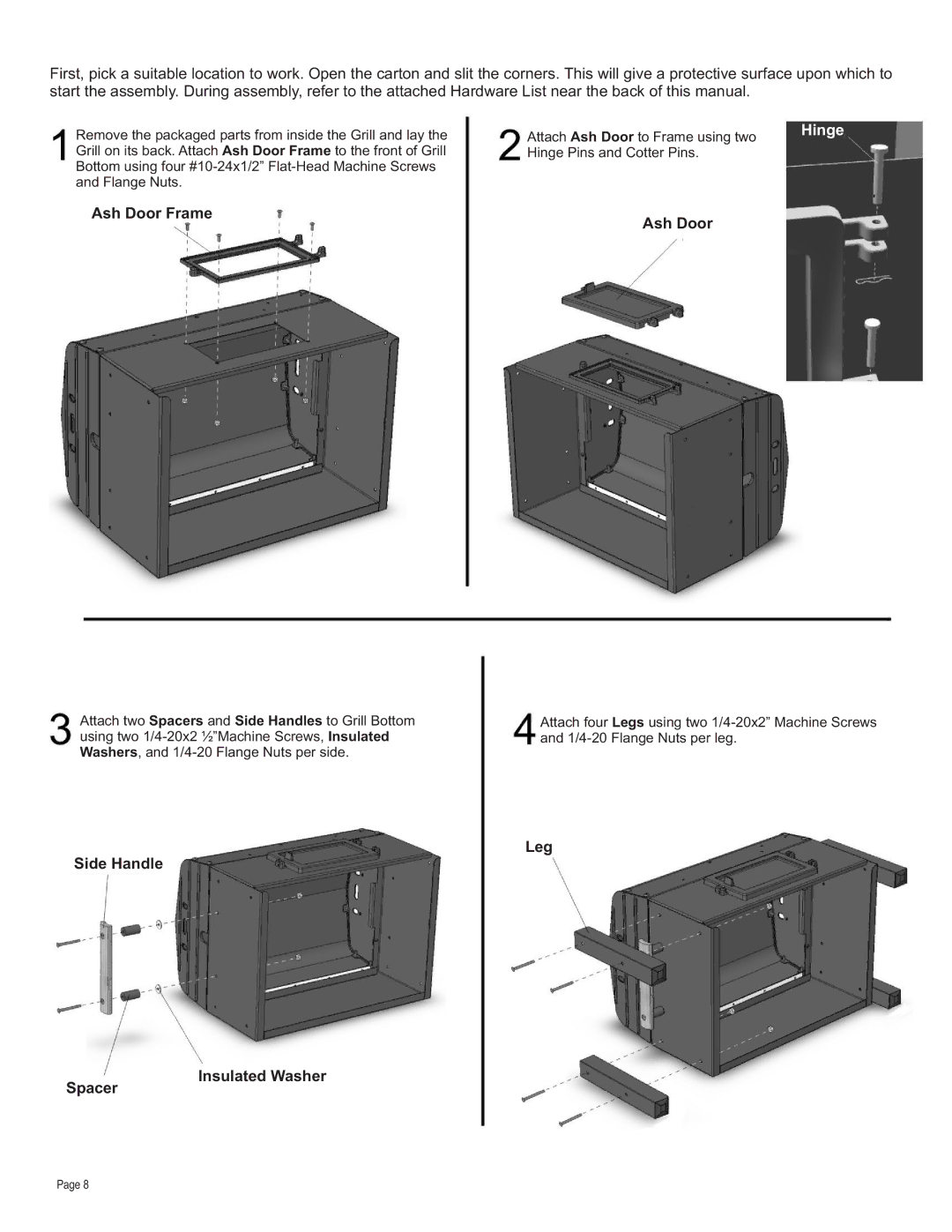 Char-Broil 12301388 manual Ash Door Frame, Leg Side Handle Insulated Washer Spacer 