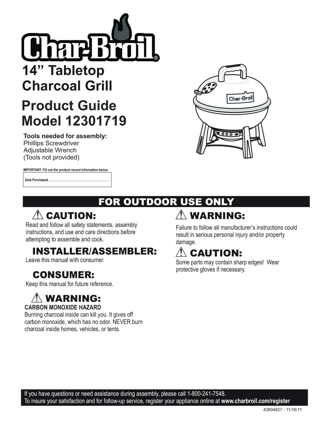 Char-Broil 12301719 manual Tabletop Charcoal Grill Product Guide Model, Carbon Monoxide Hazard 