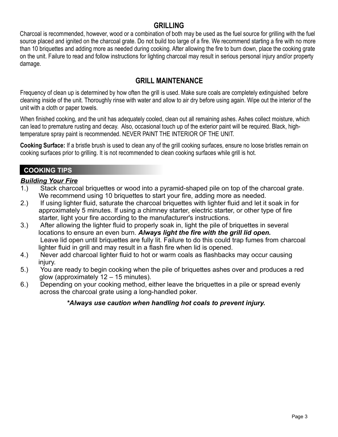 Char-Broil 12301719 manual Building Your Fire, Always use caution when handling hot coals to prevent injury 