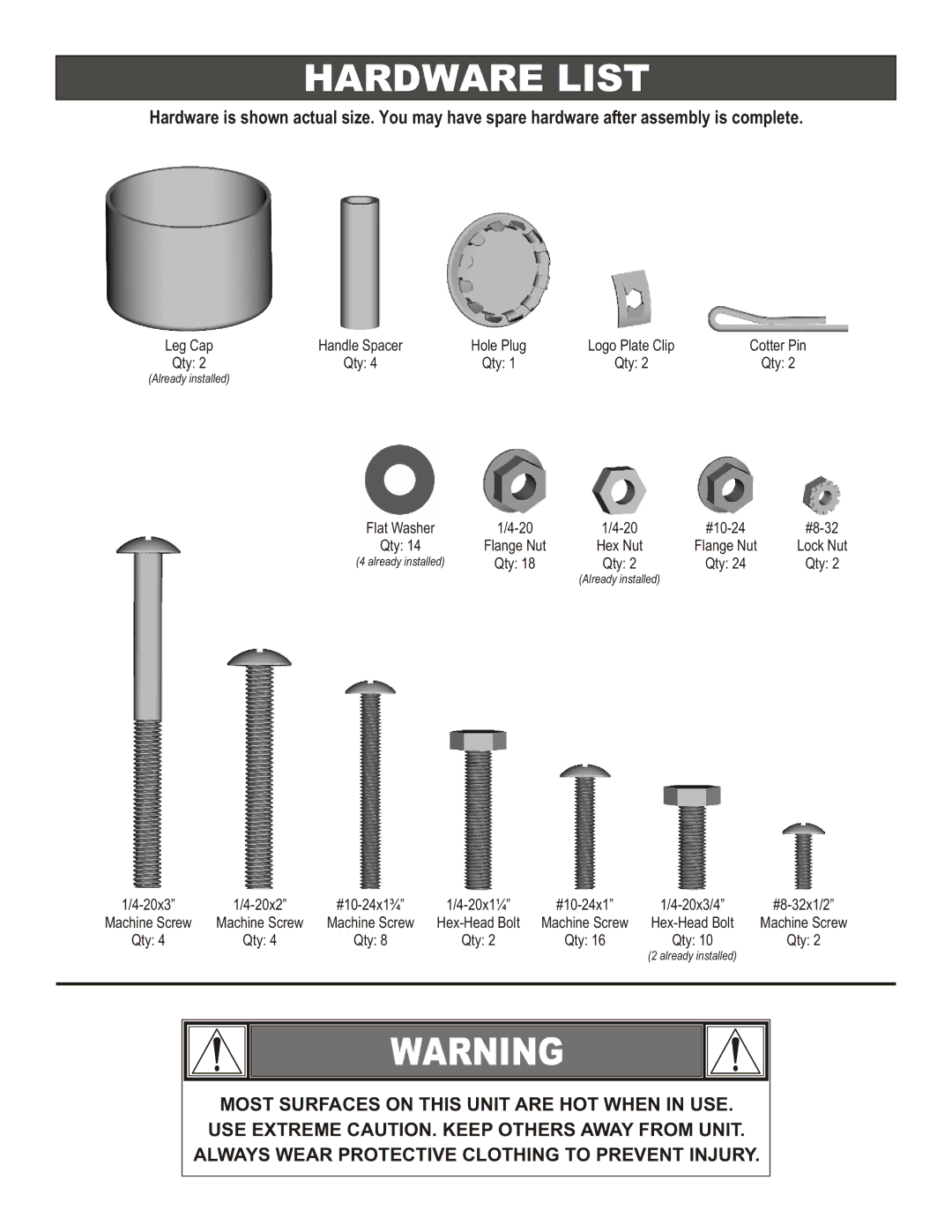 Char-Broil 3201560 manual Hardware List 