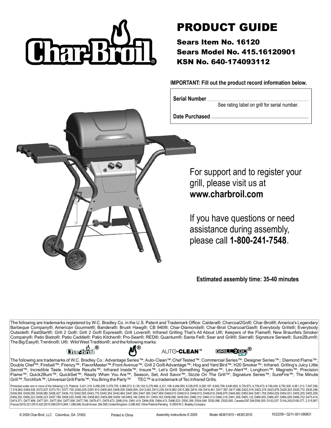 Char-Broil 415.161209 manual Estimated assembly time 35-40 minutes, Date Purchased 