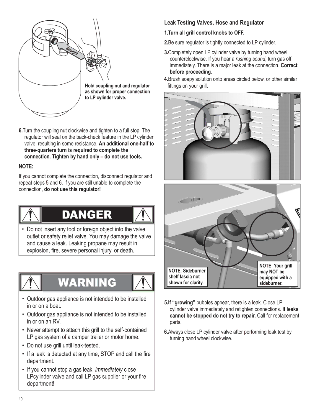 Char-Broil 415.161209 manual Leak Testing Valves, Hose and Regulator, Connection, do not use this regulator 