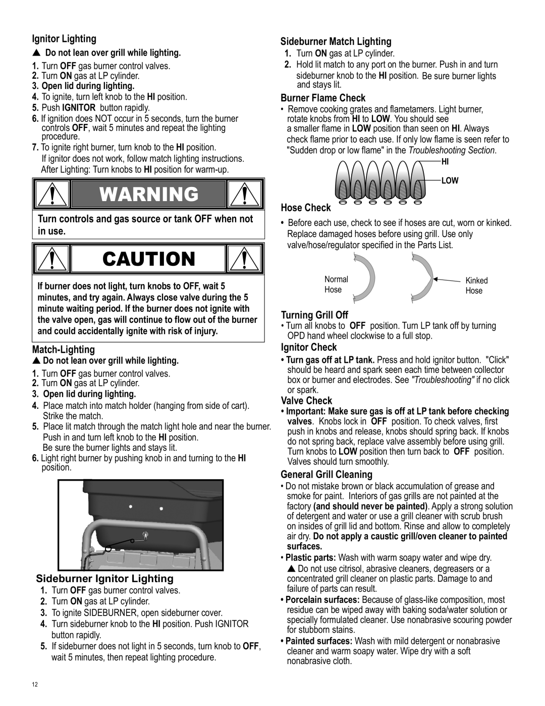 Char-Broil 415.161209 Ignitor Lighting, Turn controls and gas source or tank OFF when not, Use, Match-Lighting, Hose Check 