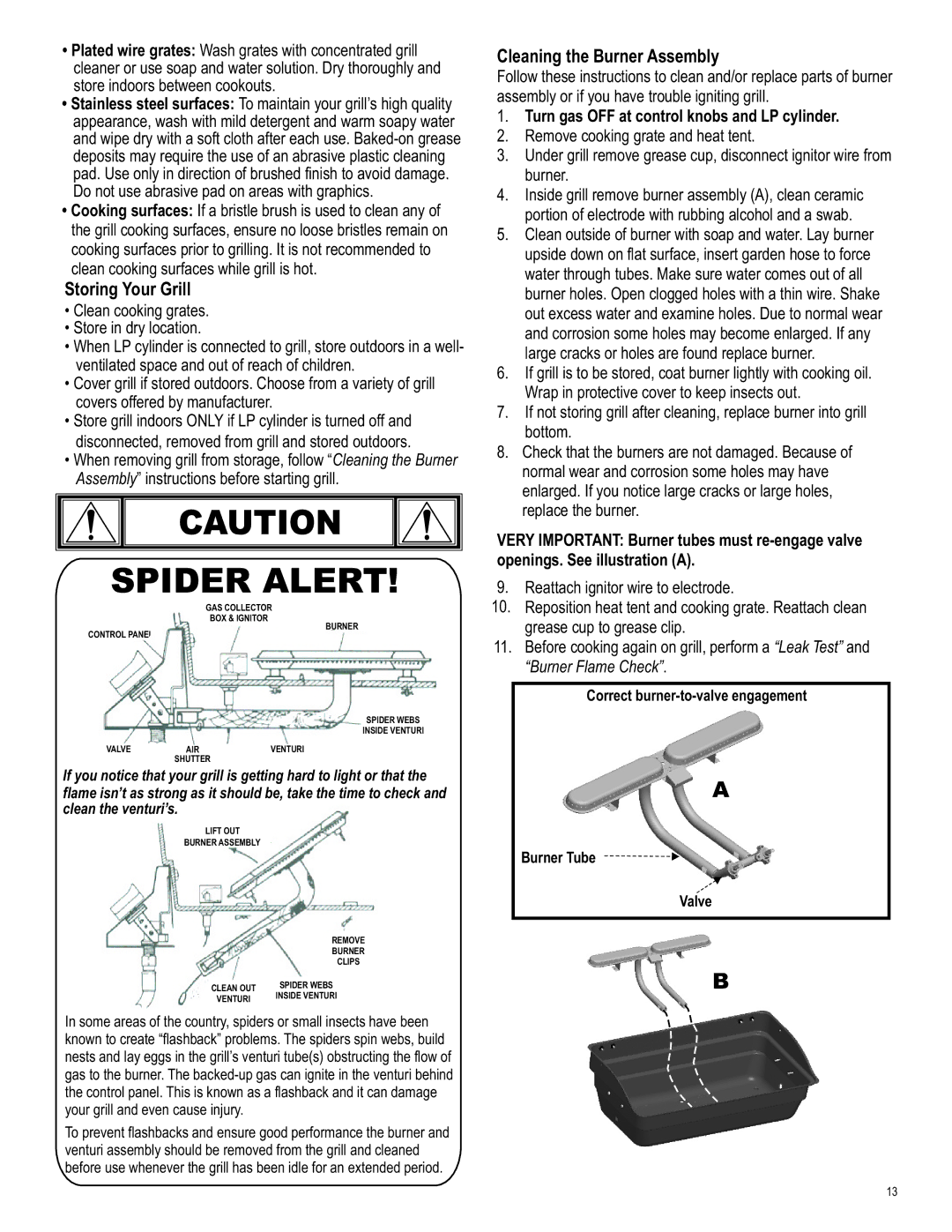 Char-Broil 415.161209 Storing Your Grill, Cleaning the Burner Assembly, Turn gas OFF at control knobs and LP cylinder 