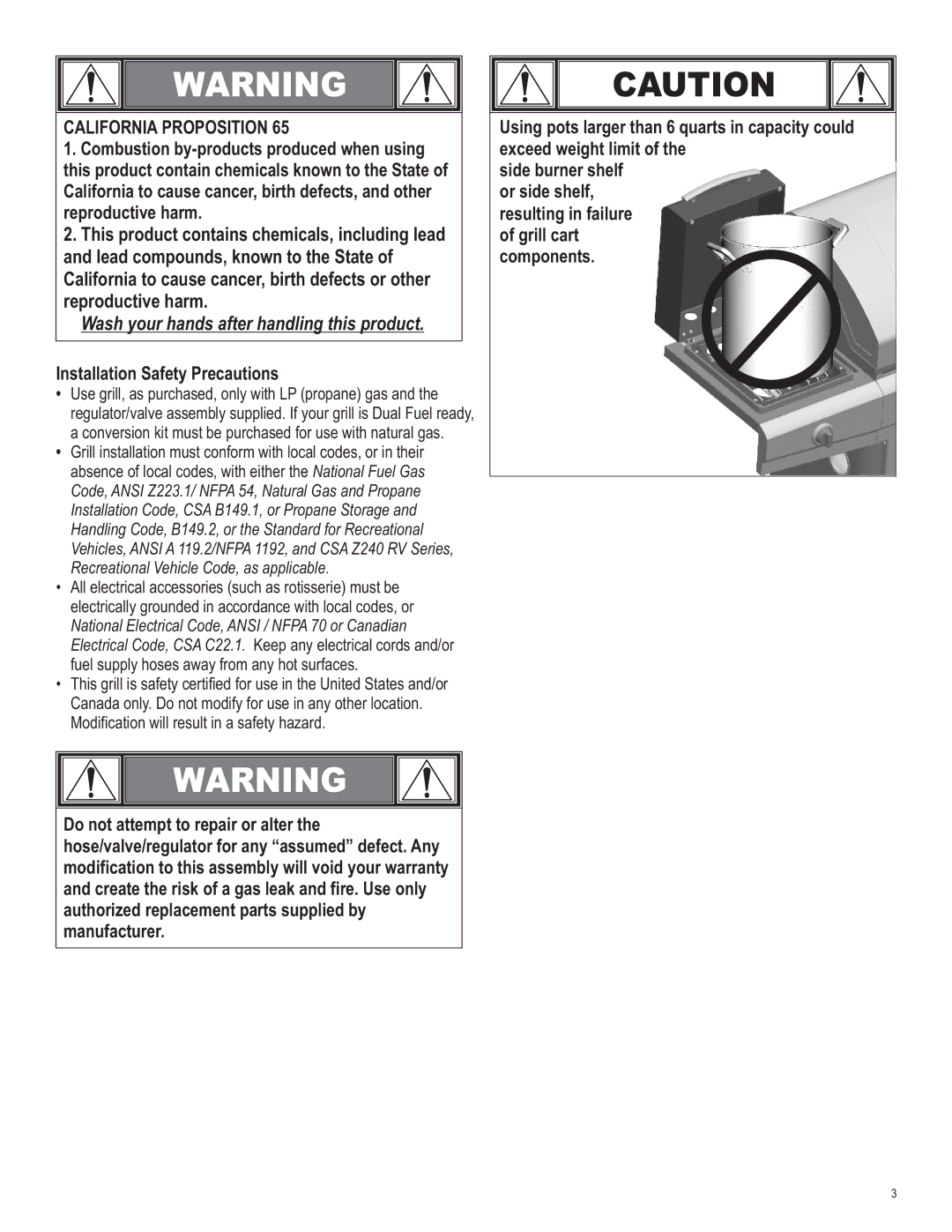 Char-Broil 415.161209 manual California Proposition, Installation Safety Precautions 