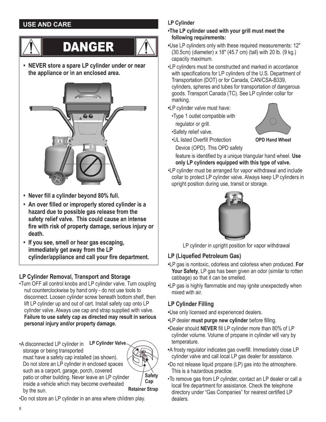 Char-Broil 415.161209 manual USE and Care, LP Liquefied Petroleum Gas, LP Cylinder Filling 