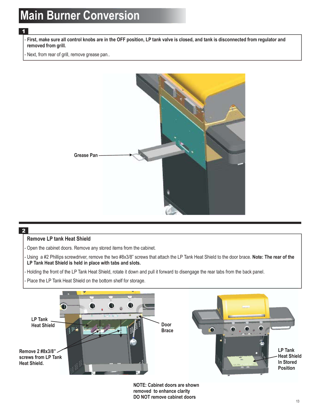 Char-Broil 4539937 manual Main Burner Conversion, Remove LP tank Heat Shield 