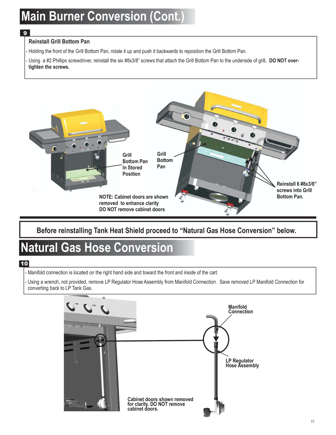 Char-Broil 4539937 manual Natural Gas Hose Conversion, Reinstall Grill Bottom Pan 