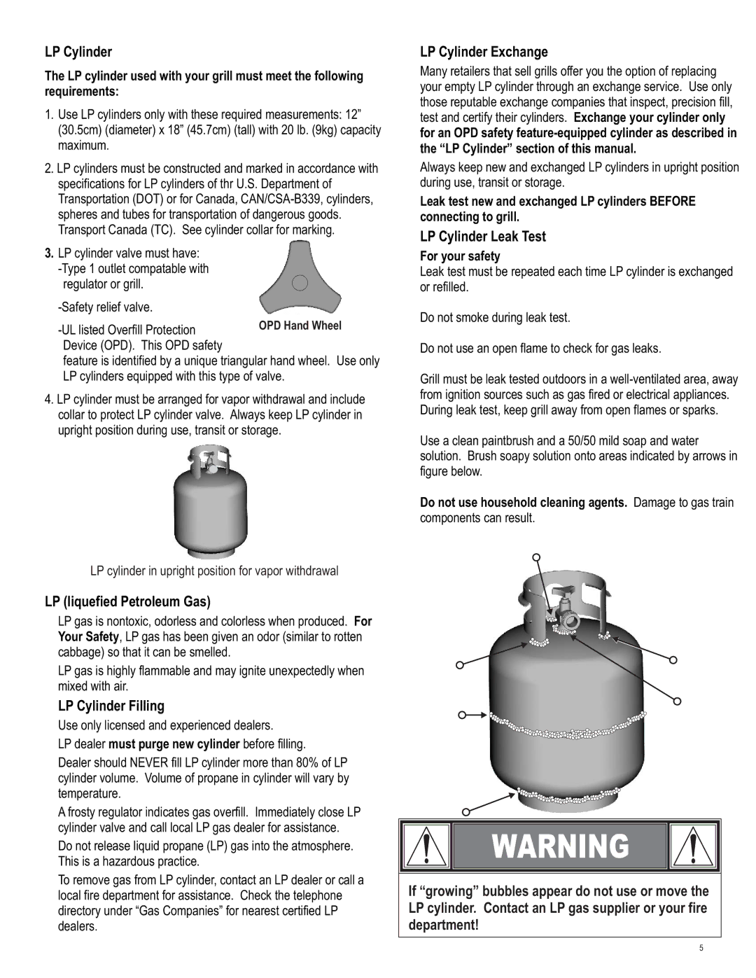 Char-Broil 4539937 manual LP liquefied Petroleum Gas, LP Cylinder Filling, LP Cylinder Exchange, LP Cylinder Leak Test 