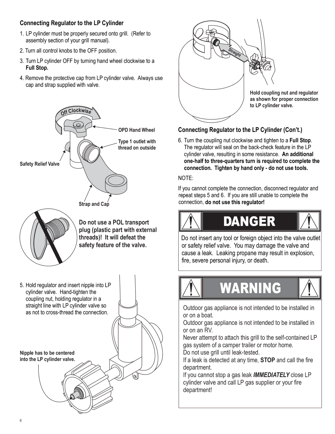 Char-Broil 4539937 manual Connecting Regulator to the LP Cylinder Con’t, Full Stop, Straight 