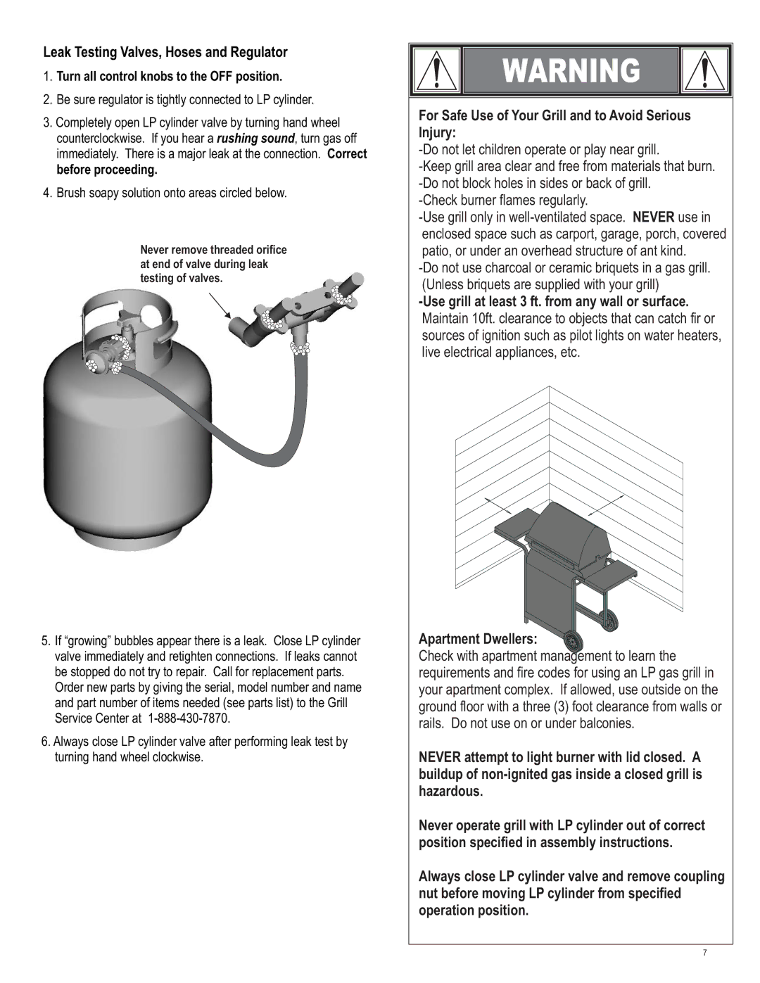 Char-Broil 4539937 manual Leak Testing Valves, Hoses and Regulator, For Safe Use of Your Grill and to Avoid Serious Injury 