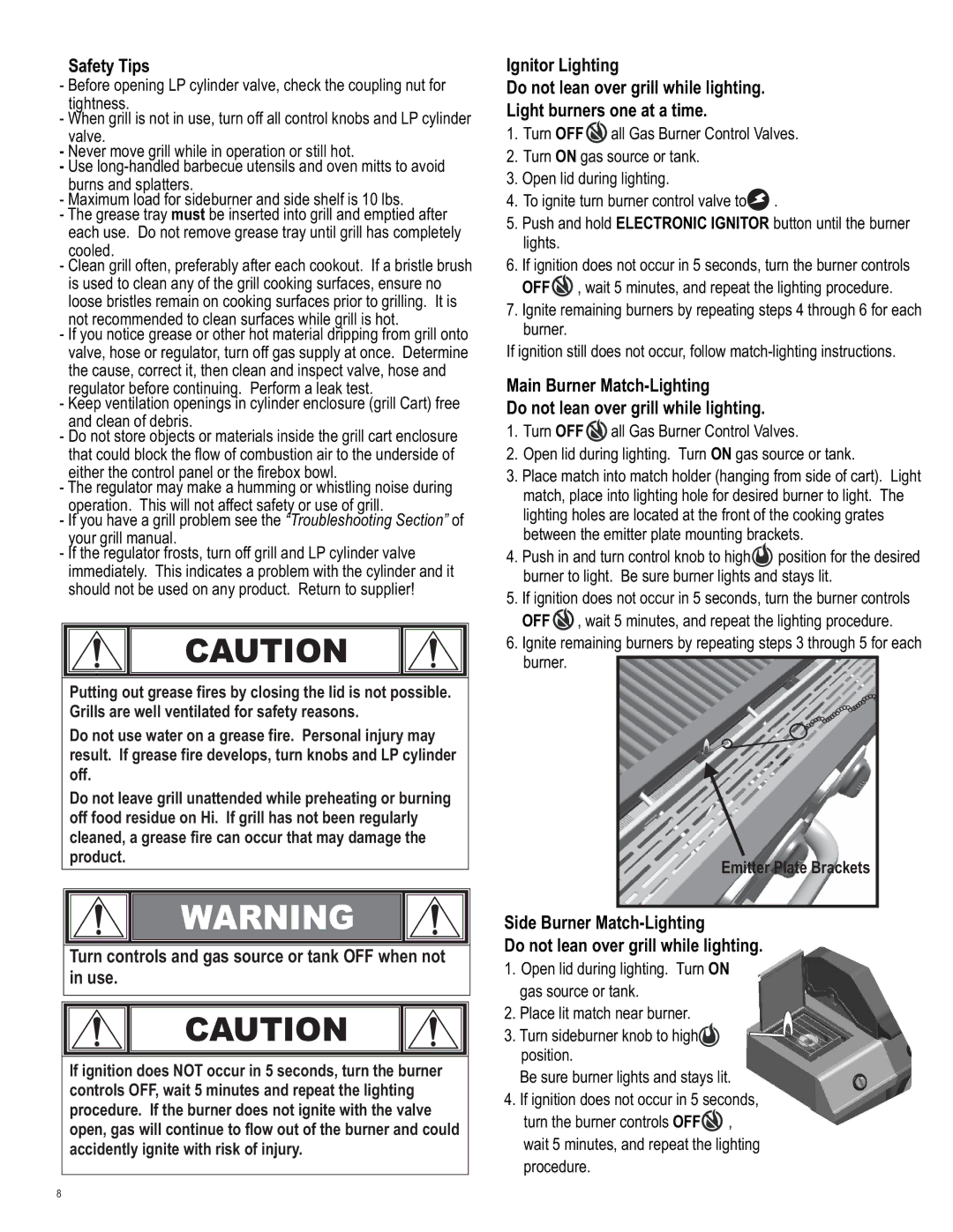 Char-Broil 4539937 manual Safety Tips, Turn controls and gas source or tank OFF when not in use, Emitter Plate Brackets 