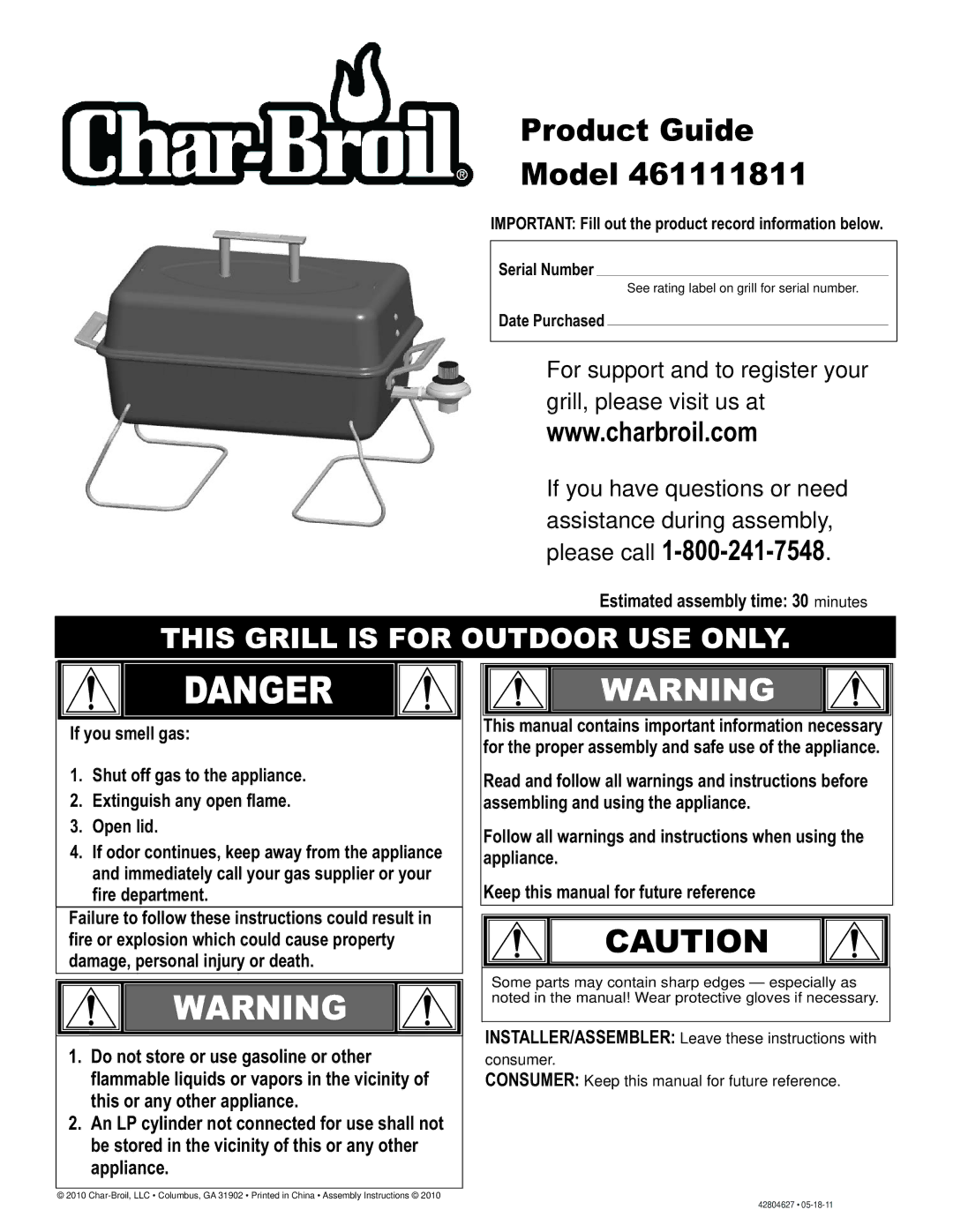 Char-Broil 461111811 manual Estimated assembly time 30 minutes, Date Purchased 