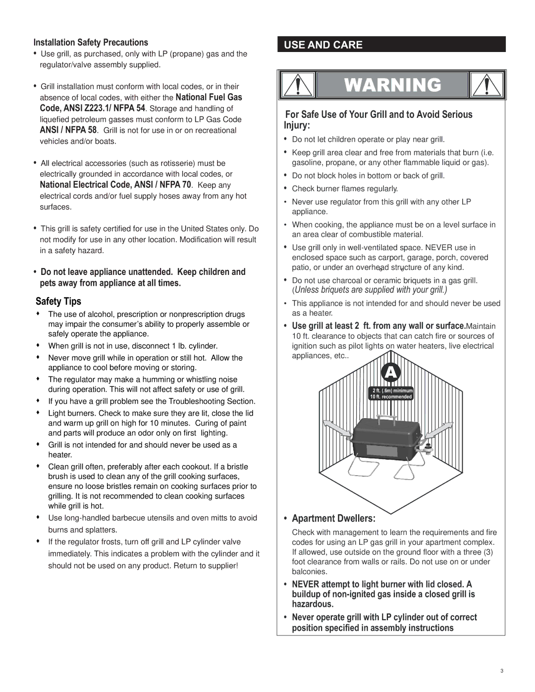 Char-Broil 461111811 Safety Tips, USE and Care, For Safe Use of Your Grill and to Avoid Serious Injury, Apartment Dwellers 