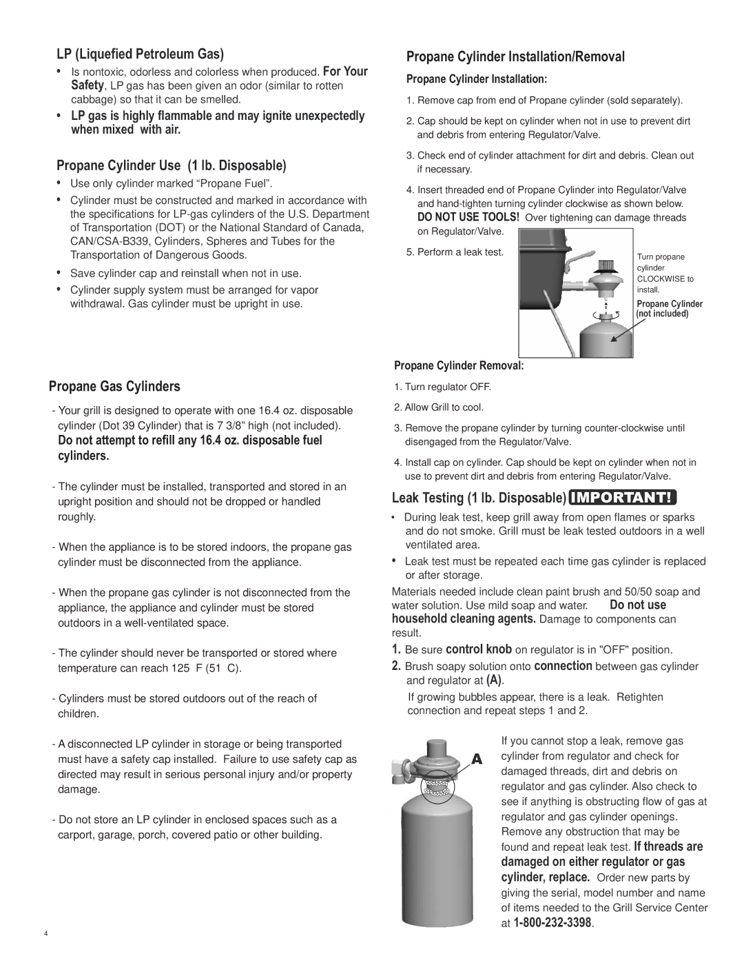 Char-Broil 461111811 manual LP Liquefied Petroleum Gas, Propane Cylinder Use 1 lb. Disposable, Propane Gas Cylinders 