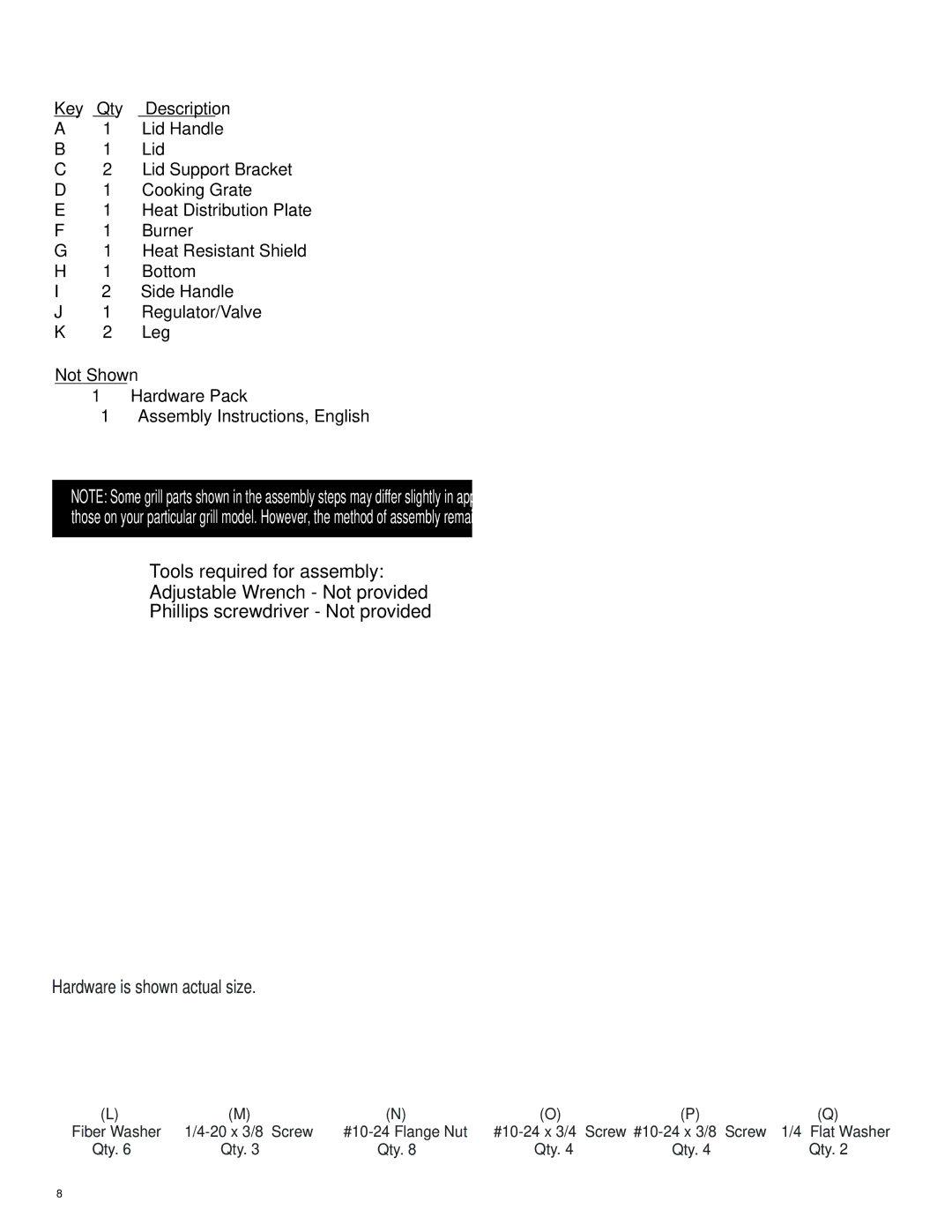 Char-Broil 461111811 manual Parts List, Tools required for assembly, Hardware is shown actual size 