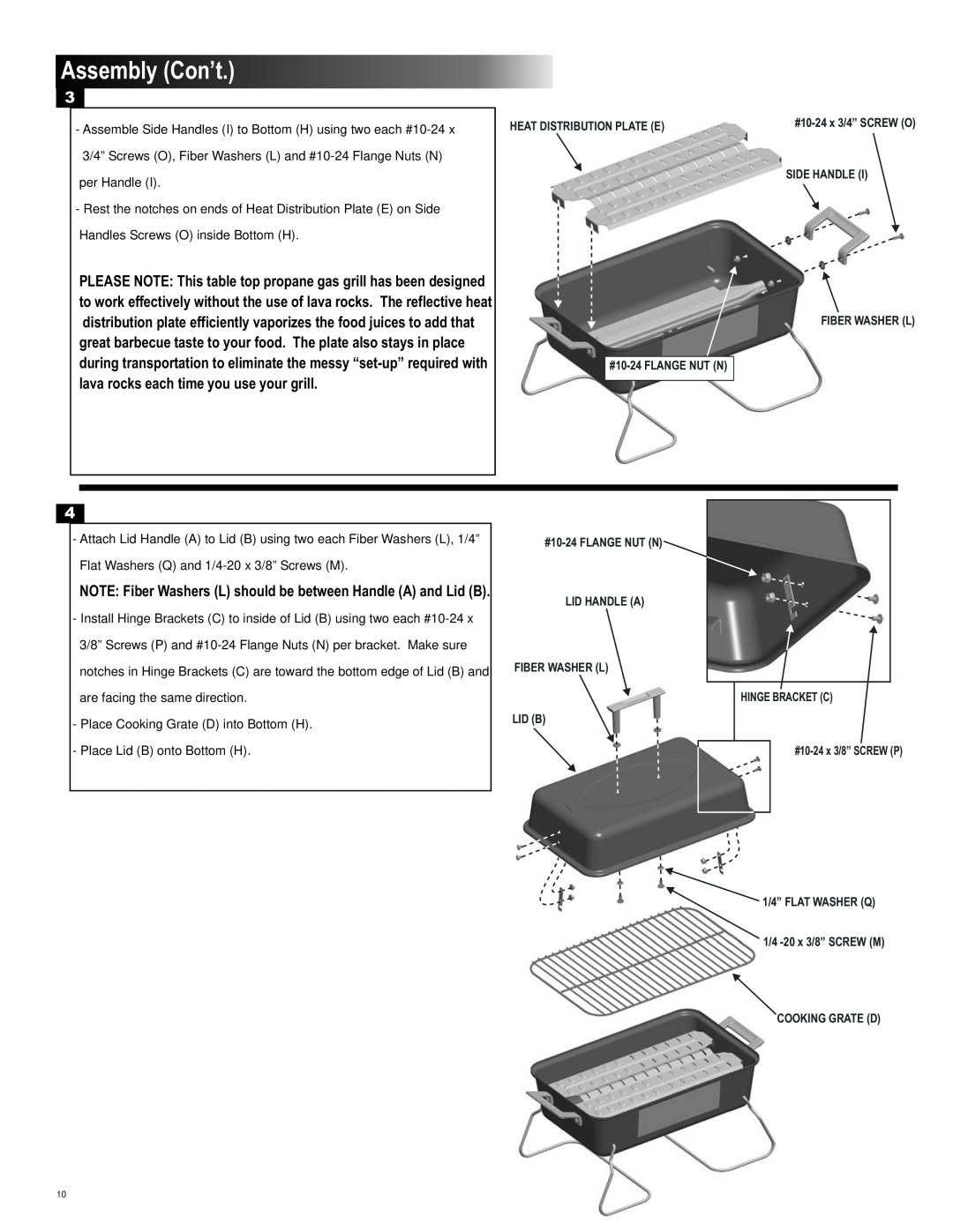 Char-Broil 461111811 manual Assembly Con’t, per Handle, Place Cooking Grate D into Bottom H Place Lid B onto Bottom H 